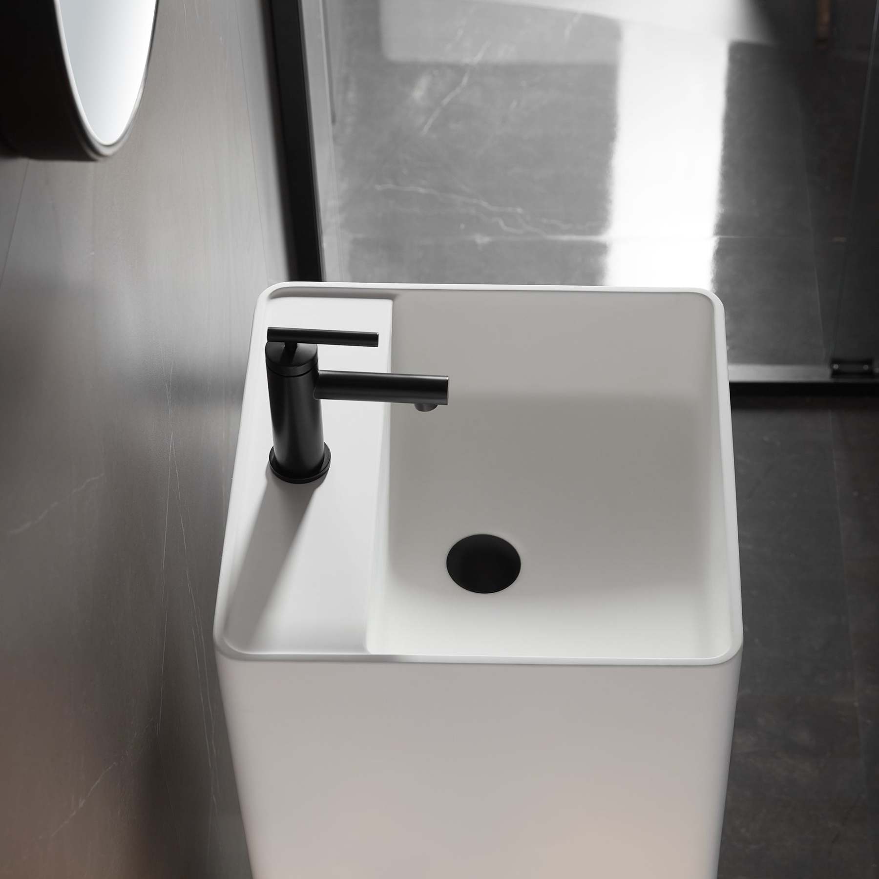 Bathroom Pedestal Sink, Solid Surface Material, Free-Standing Install, 16.5" with Single Faucet Hole in Matte White, SV-PSF17-Serene Valley