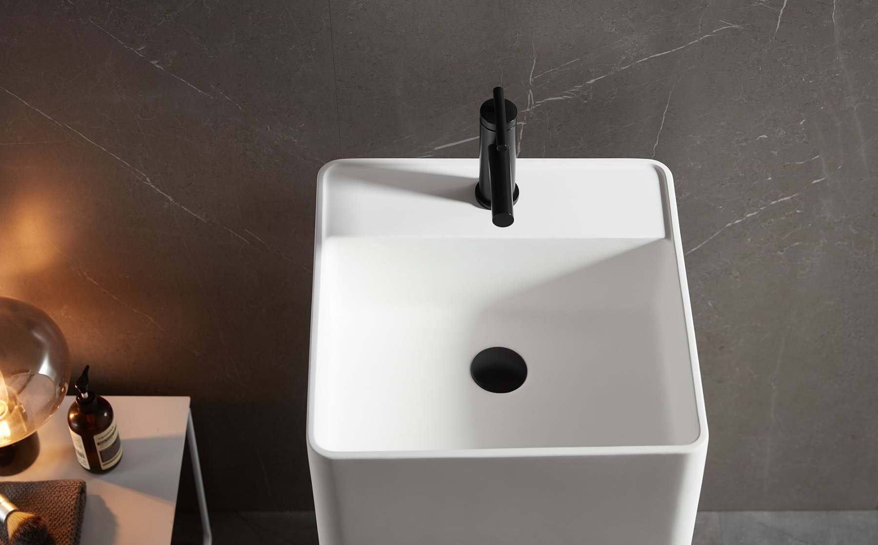 Bathroom Pedestal Sink, Solid Surface Material, Free-Standing Install, 16.5" with Single Faucet Hole in Matte White, SV-PSF17-Serene Valley