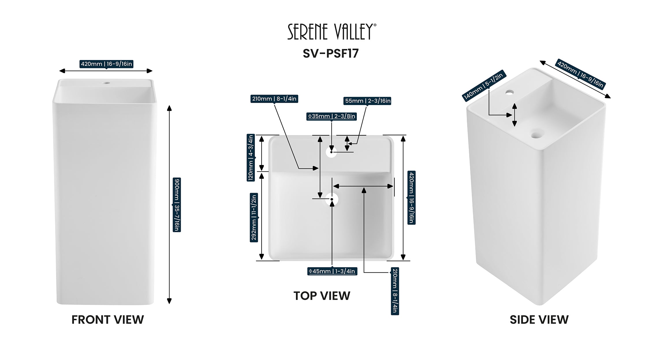 Bathroom Pedestal Sink, Solid Surface Material, Free-Standing Install, 16.5" with Single Faucet Hole in Matte White, SV-PSF17-Serene Valley