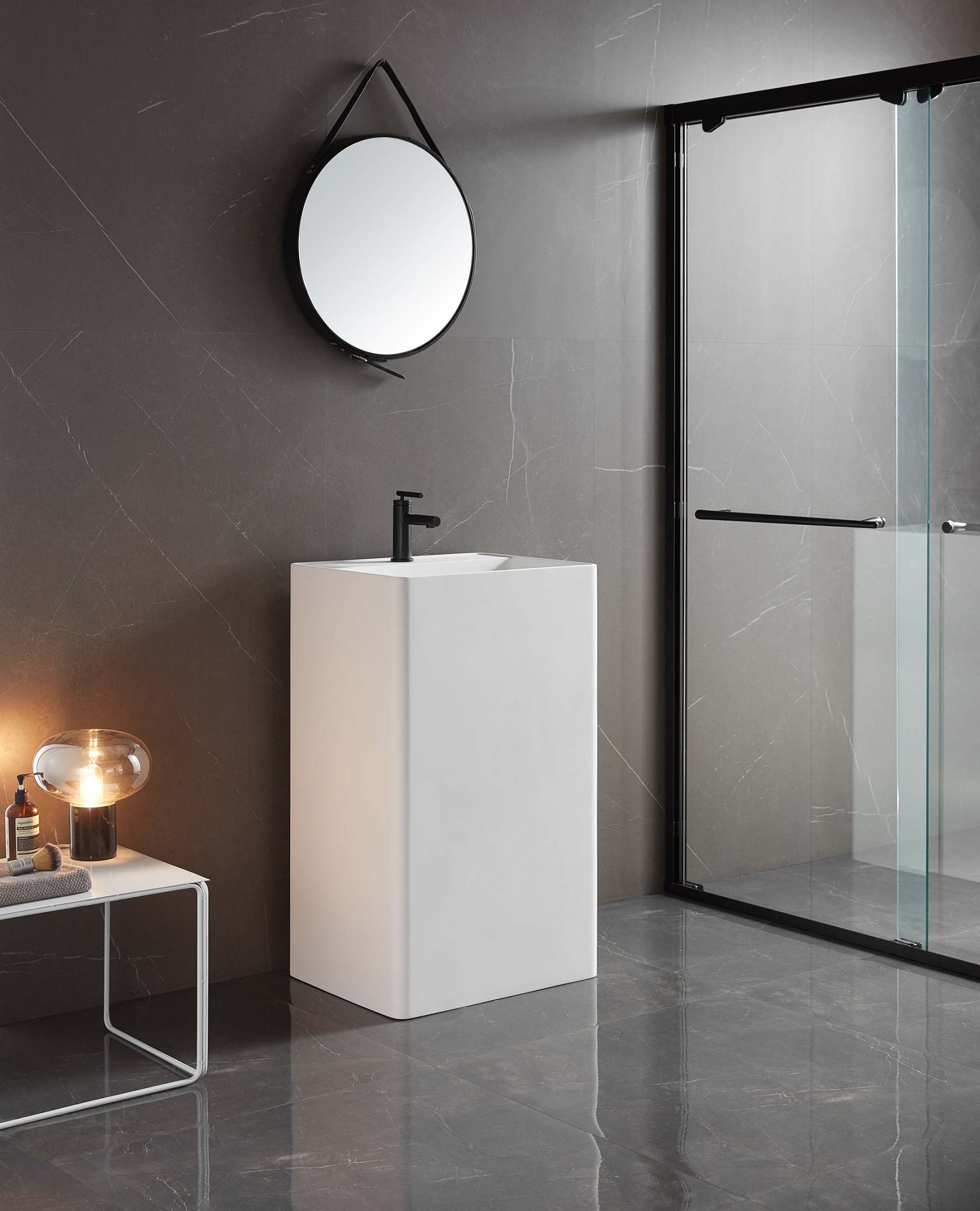 Bathroom Pedestal Sink, Solid Surface Material, Free-Standing Install, 21.5X16.5" with Single Faucet Hole in Matte White， SV-PSF2217-Serene Valley