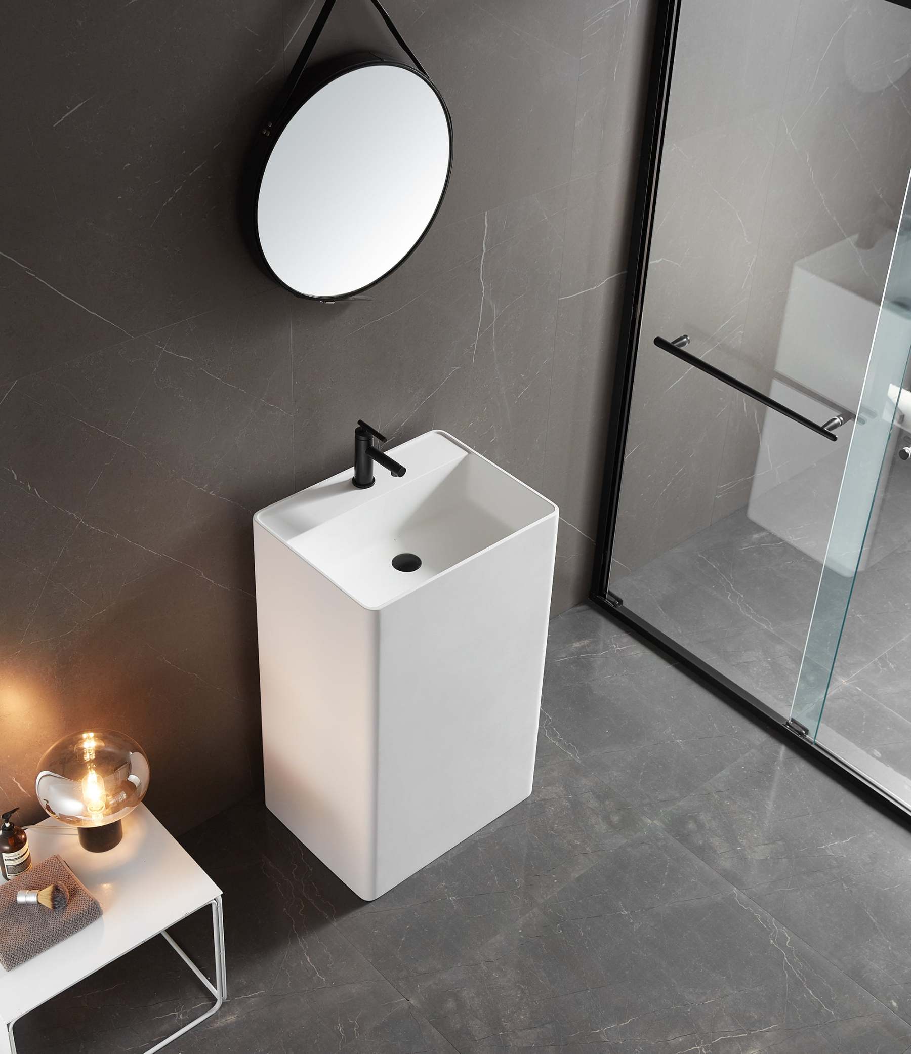 Bathroom Pedestal Sink, Solid Surface Material, Free-Standing Install, 21.5X16.5" with Single Faucet Hole in Matte White， SV-PSF2217-Serene Valley