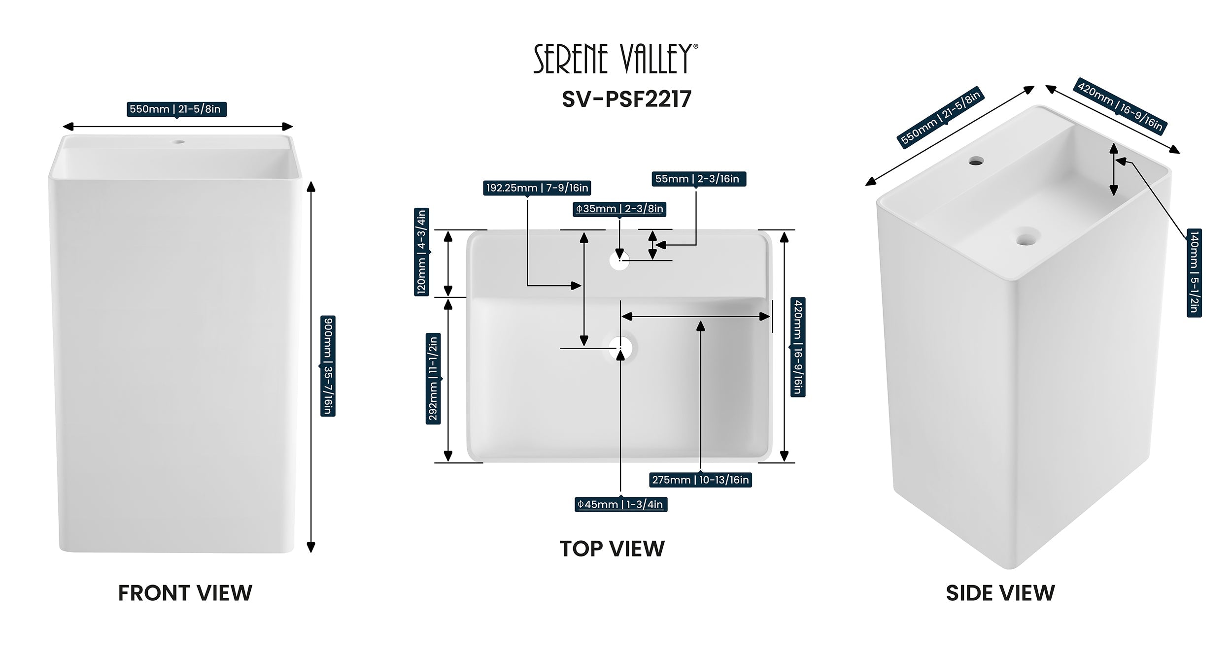 Bathroom Pedestal Sink, Solid Surface Material, Free-Standing Install, 21.5X16.5" with Single Faucet Hole in Matte White， SV-PSF2217-Serene Valley