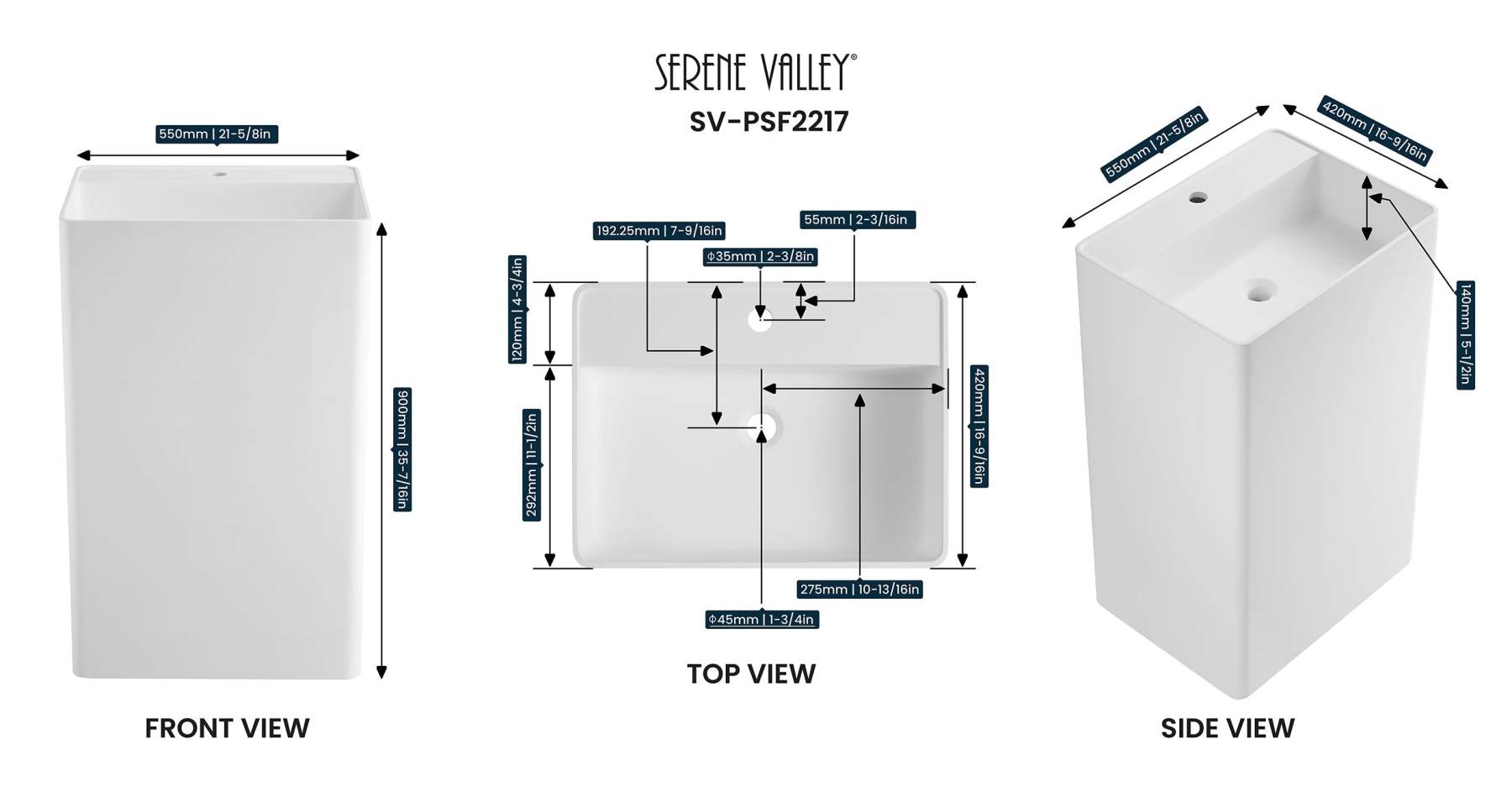 Bathroom Pedestal Sink, Solid Surface Material, Free-Standing Install, 21.5X16.5" with Single Faucet Hole in Matte White， SV-PSF2217-Serene Valley