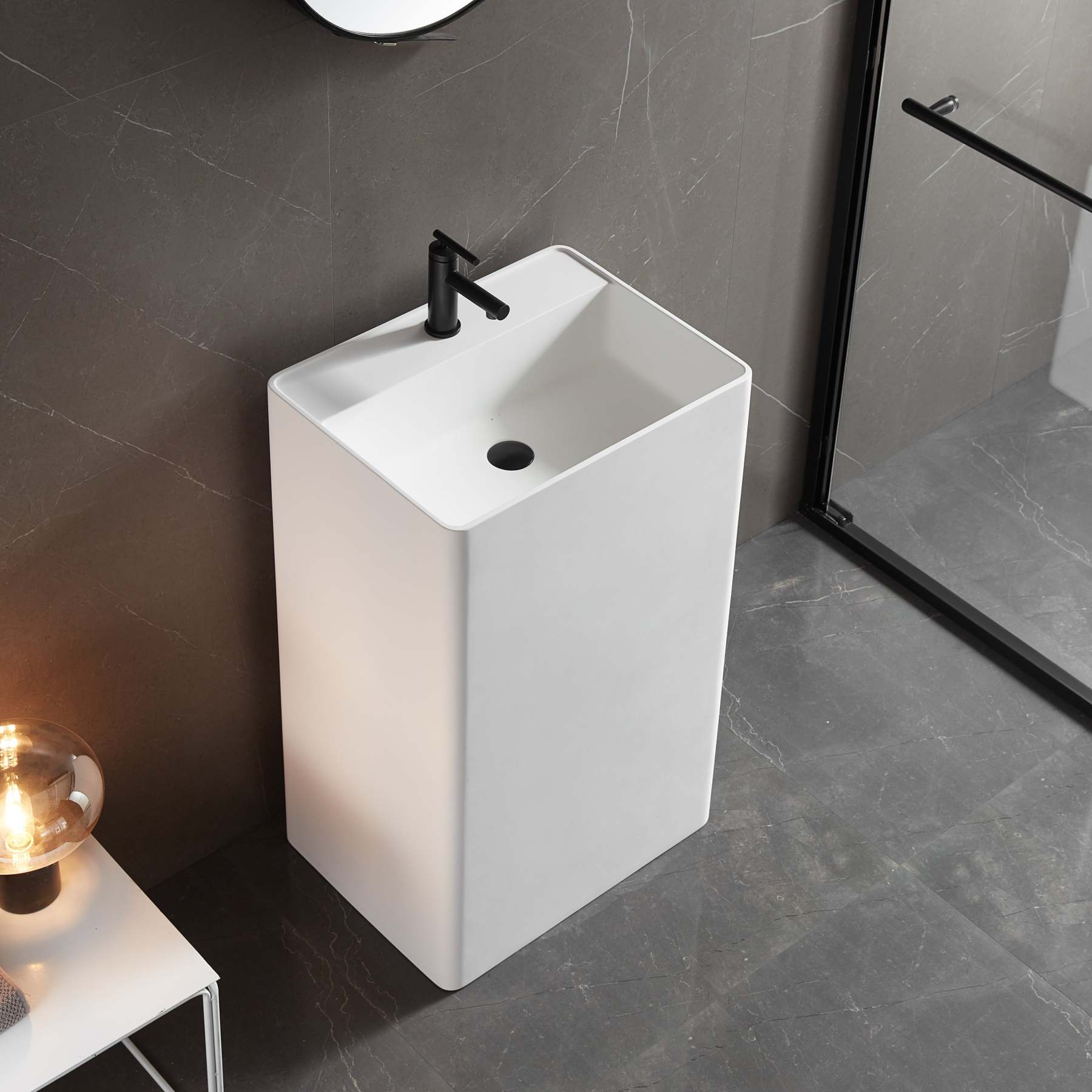 Bathroom Pedestal Sink, Solid Surface Material, Free-Standing Install, 21.5X16.5" with Single Faucet Hole in Matte White， SV-PSF2217-Serene Valley