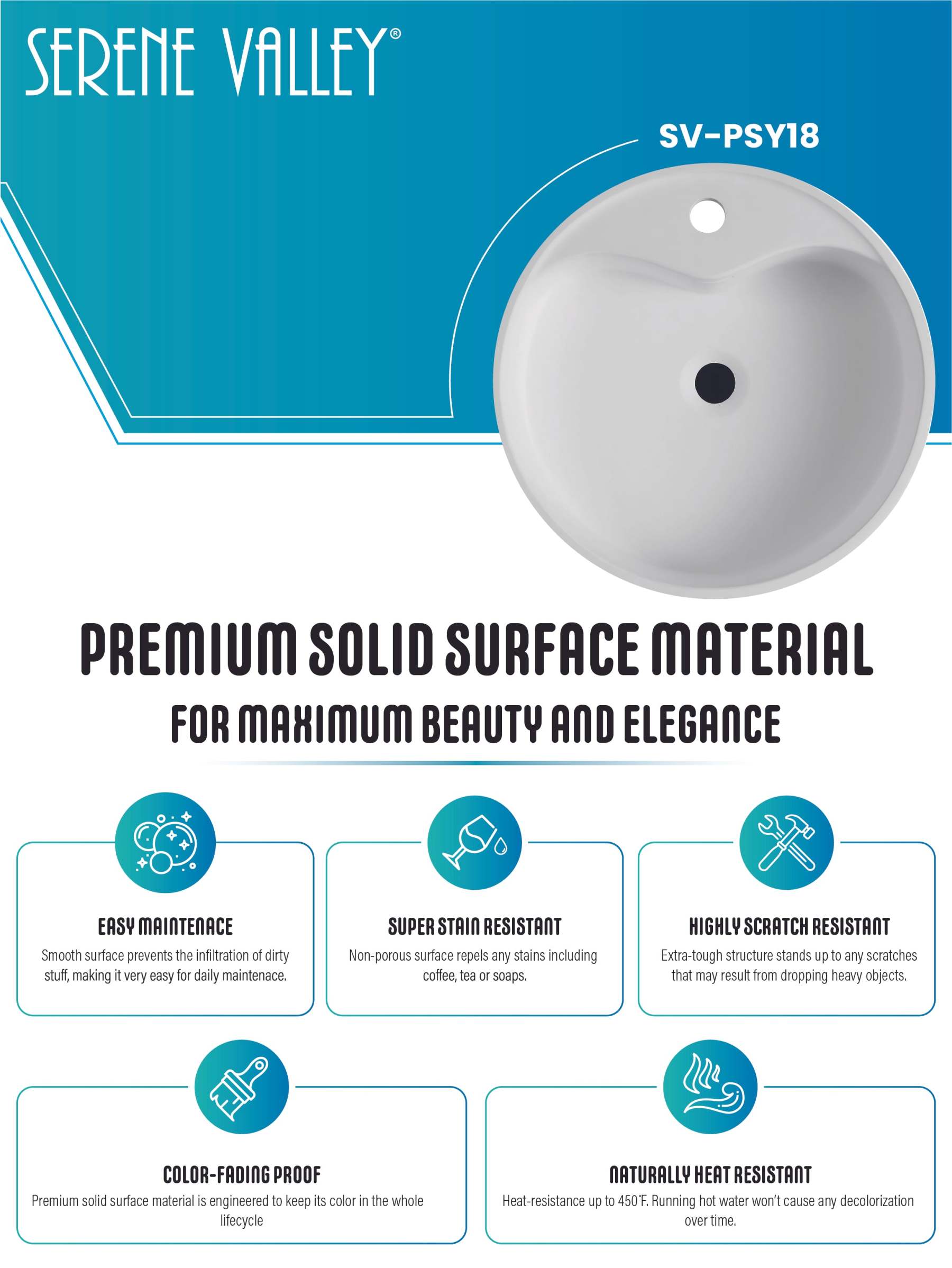 Bathroom Pedestal Sink, Solid Surface Material, Free-Standing Install, 18" with Single Faucet Hole in Matte White, SV-PSY18-Serene Valley