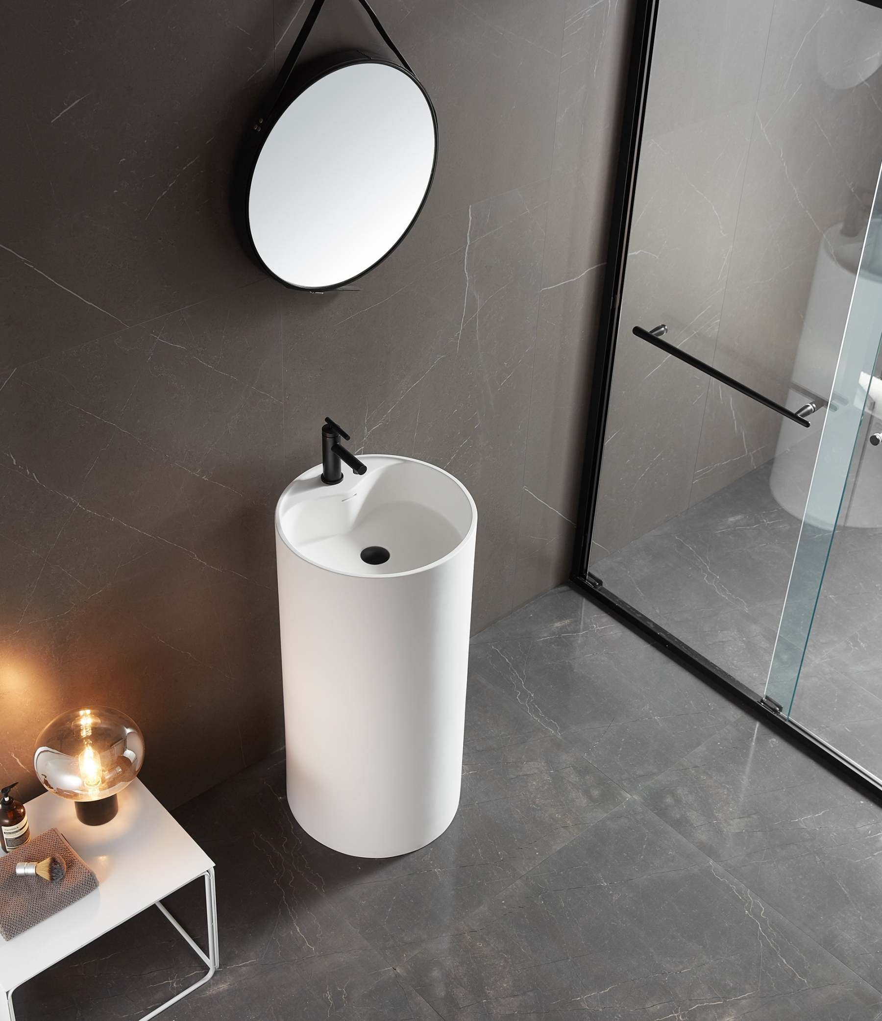 Bathroom Pedestal Sink, Solid Surface Material, Free-Standing Install, 18" with Single Faucet Hole in Matte White, SV-PSY18-Serene Valley