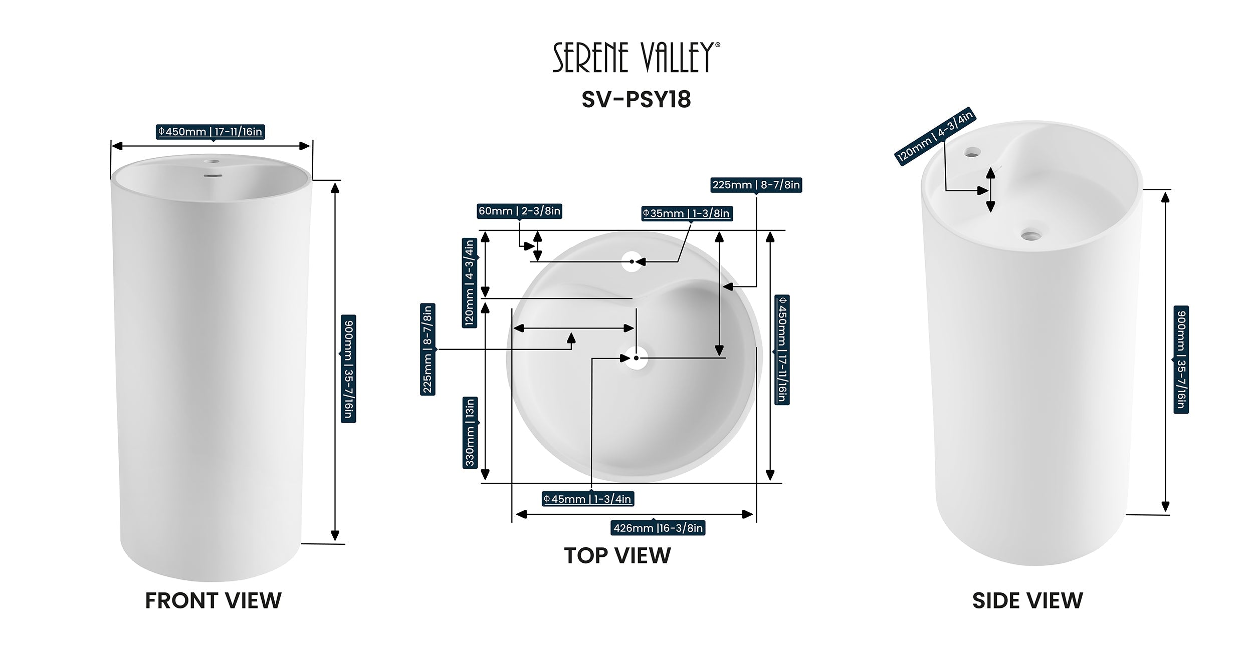 Bathroom Pedestal Sink, Solid Surface Material, Free-Standing Install, 18" with Single Faucet Hole in Matte White, SV-PSY18-Serene Valley