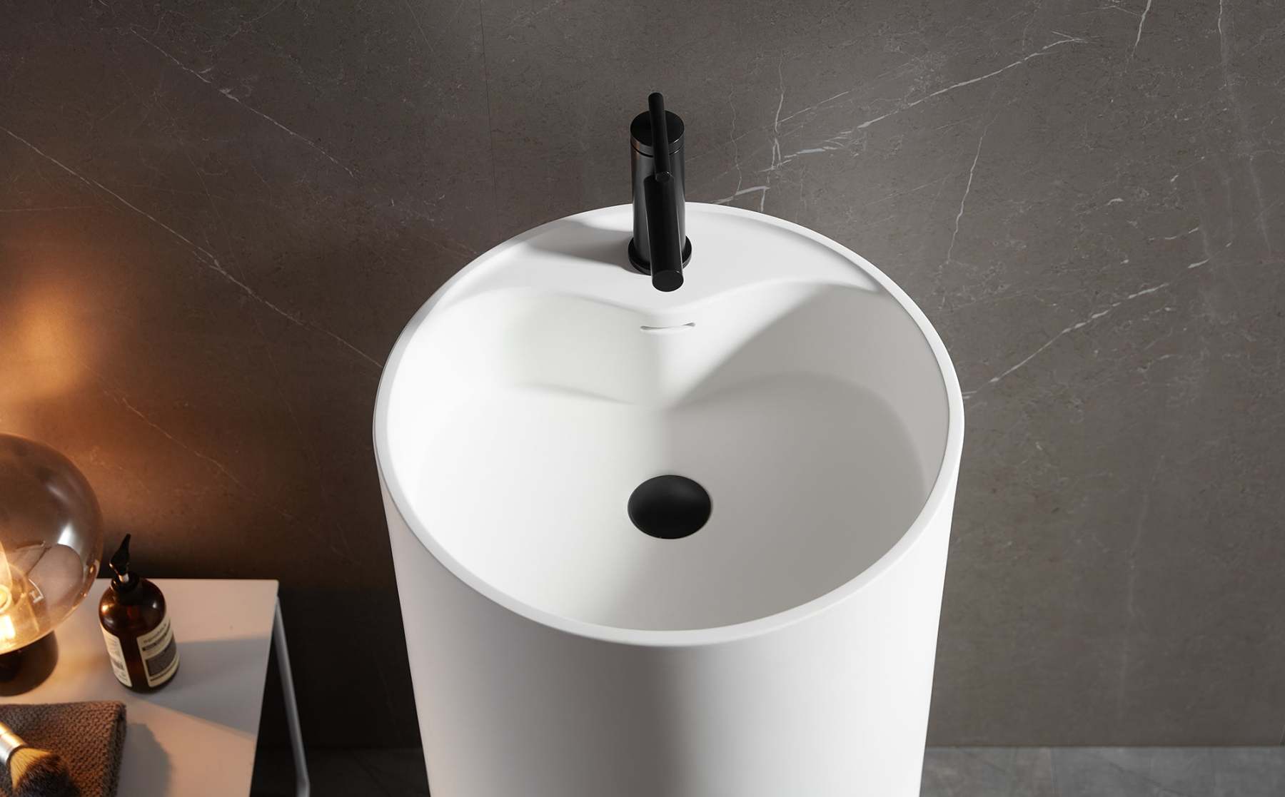 Bathroom Pedestal Sink, Solid Surface Material, Free-Standing Install, 18" with Single Faucet Hole in Matte White, SV-PSY18-Serene Valley