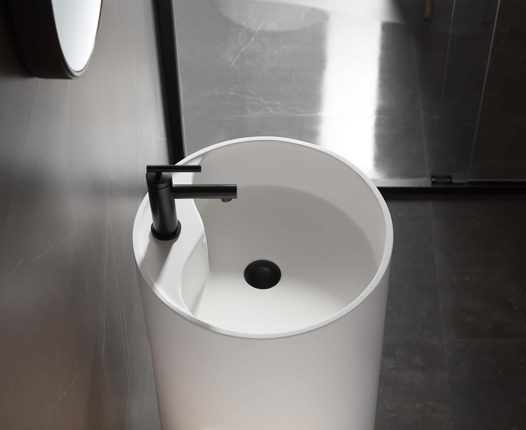 Bathroom Pedestal Sink, Solid Surface Material, Free-Standing Install, 18" with Single Faucet Hole in Matte White, SV-PSY18-Serene Valley