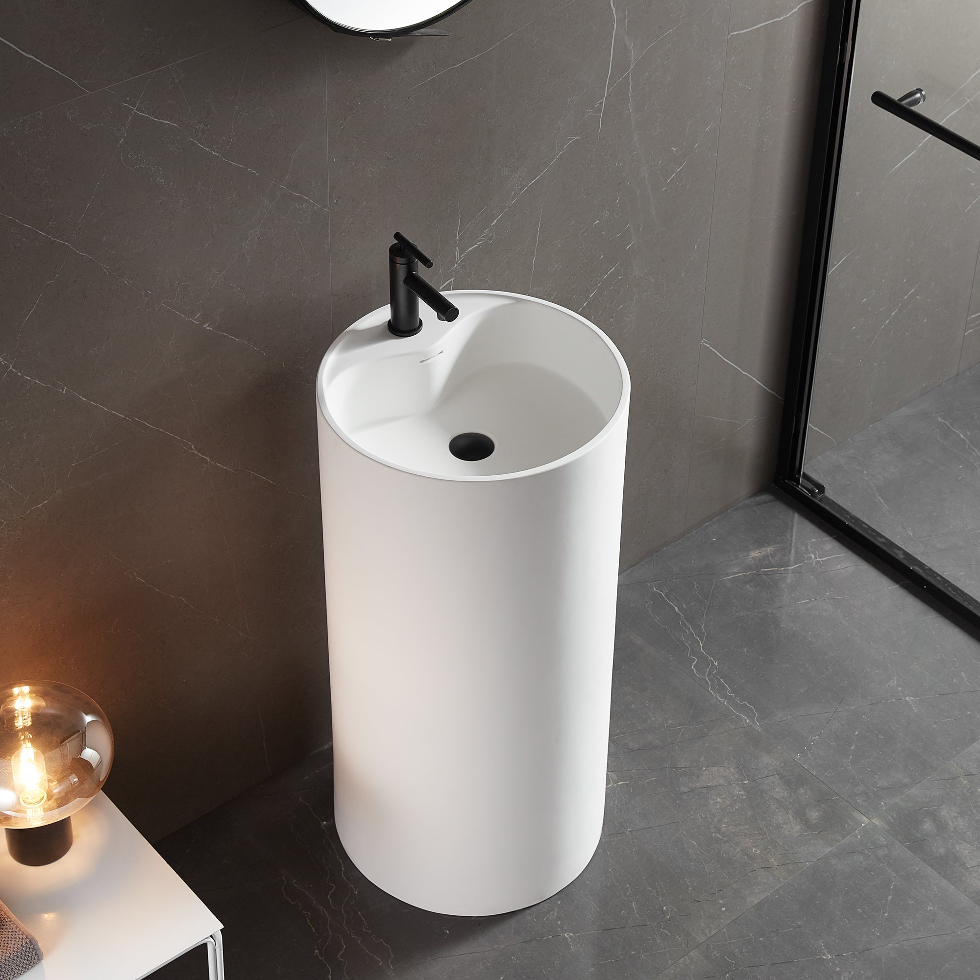 Bathroom Pedestal Sink, Solid Surface Material, Free-Standing Install, 18" with Single Faucet Hole in Matte White, SV-PSY18-Serene Valley