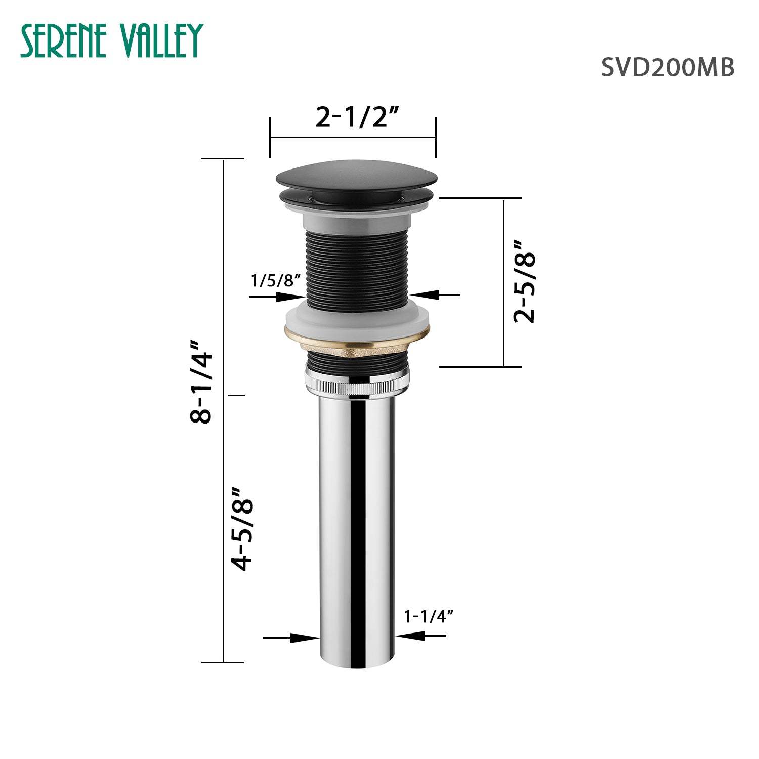 Sereve Valley Bathroom Sink Pop-Up Drain, Brass Material with Mounting Ring, No Overflow, Matte Black Finish, SVD200MB-Serene Valley