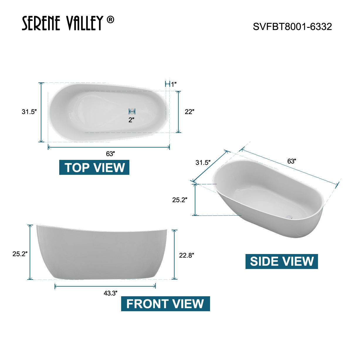 Serene Valley Freestanding Bathtub SVFBT8007-6332, Made of Pure Solid Surface Material with Drain, 63" L x 31.5" W Matte White, Hand Polished and Easy Maintenace-Serene Valley