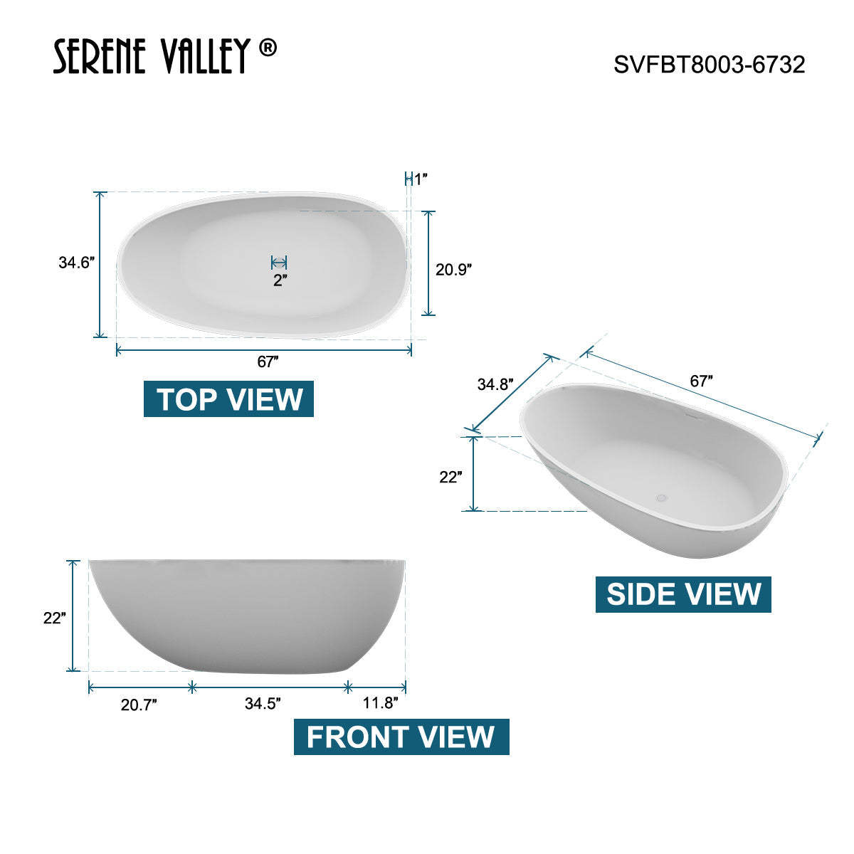 Serene Valley Freestanding Bathtub SVFBT8003-6732, Made of Pure Solid Surface Material with Drain, 67" L x 31.5" W Matte White, Hand Polished and Easy Maintenace-Serene Valley