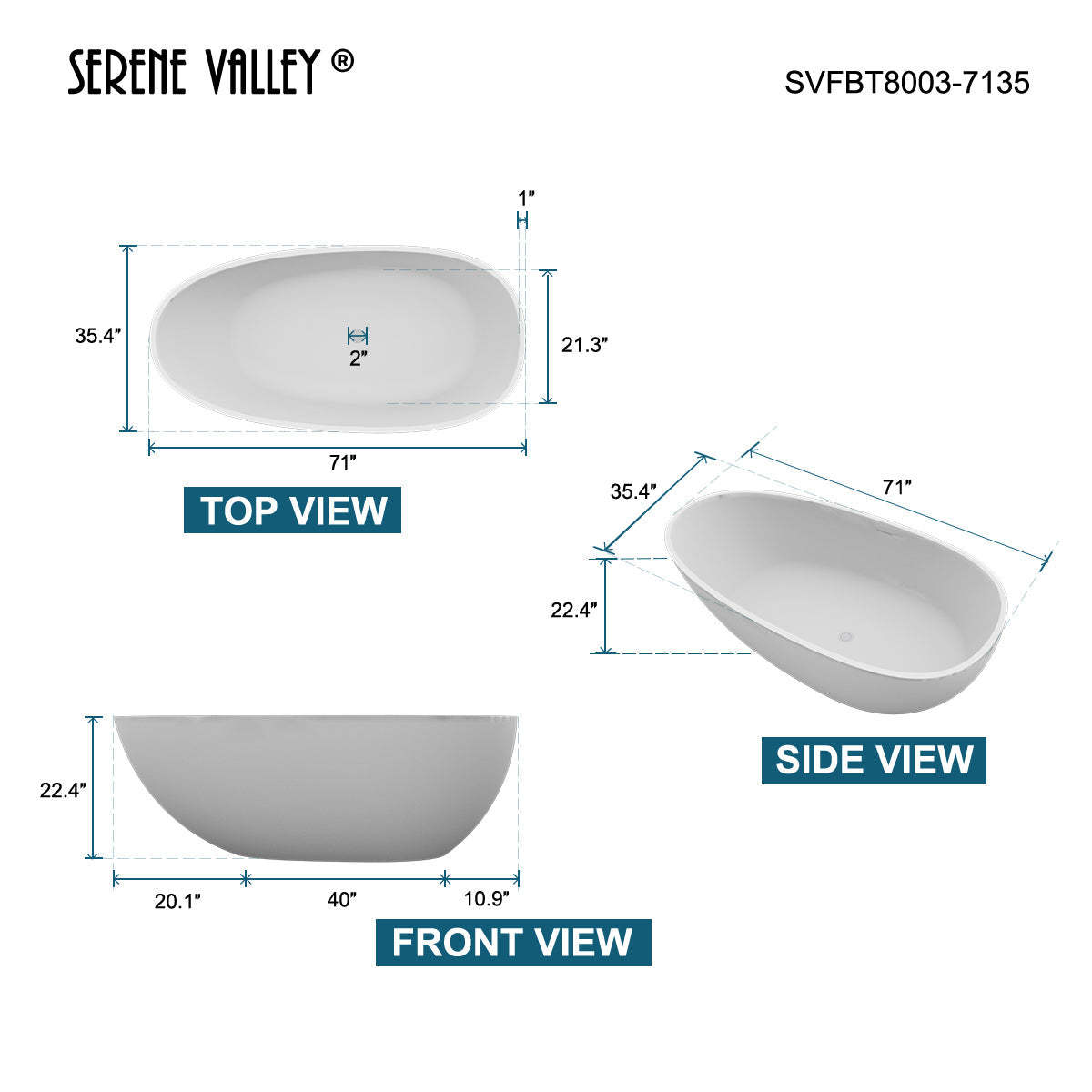 Serene Valley Freestanding Bathtub SVFBT8003-7135, Made of Pure Solid Surface Material with Drain, 71" L x 35.4" W Matte White, Hand Polished and Easy Maintenace-Serene Valley