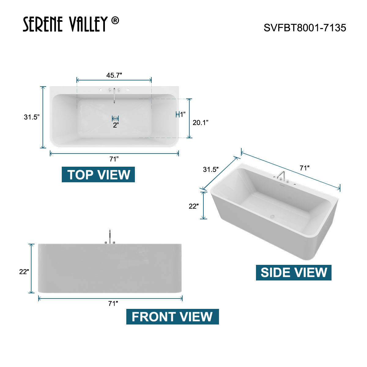 Serene Valley Freestanding Bathtub SVFBT8004-7135, Made of Pure Solid Surface Material with Drain, 71" L x 35" W Matte White, Hand Polished and Easy Maintenace-Serene Valley