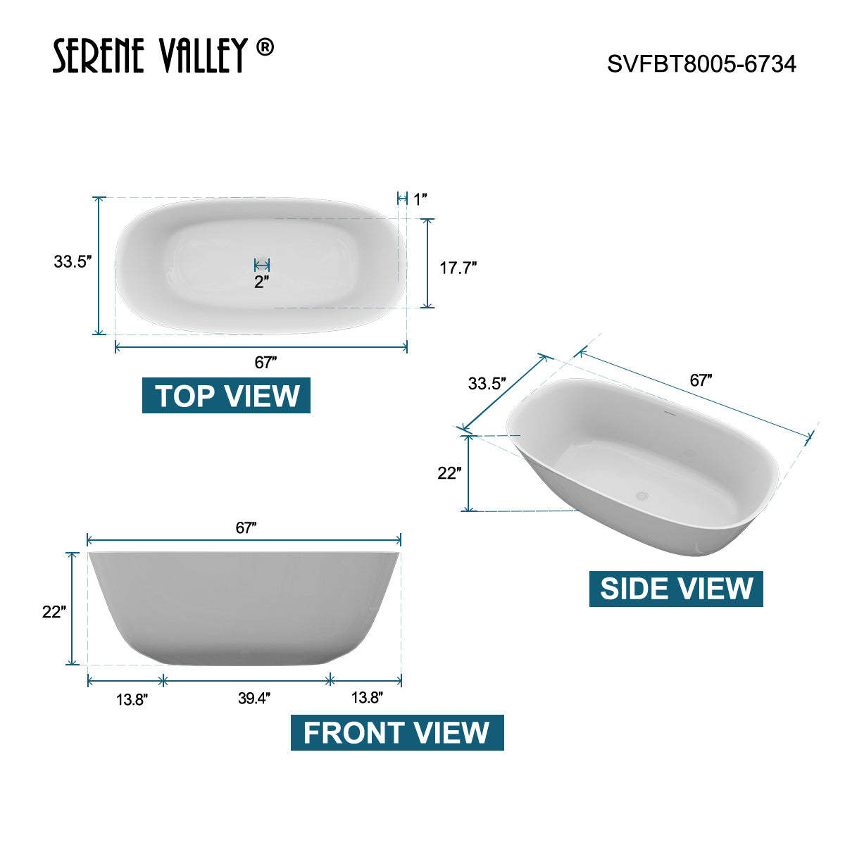 Serene Valley Freestanding Bathtub SVFBT8005-6734, Made of Pure Solid Surface Material with Drain, 67" L x 33.5" W Matte White, Hand Polished and Easy Maintenace-Serene Valley