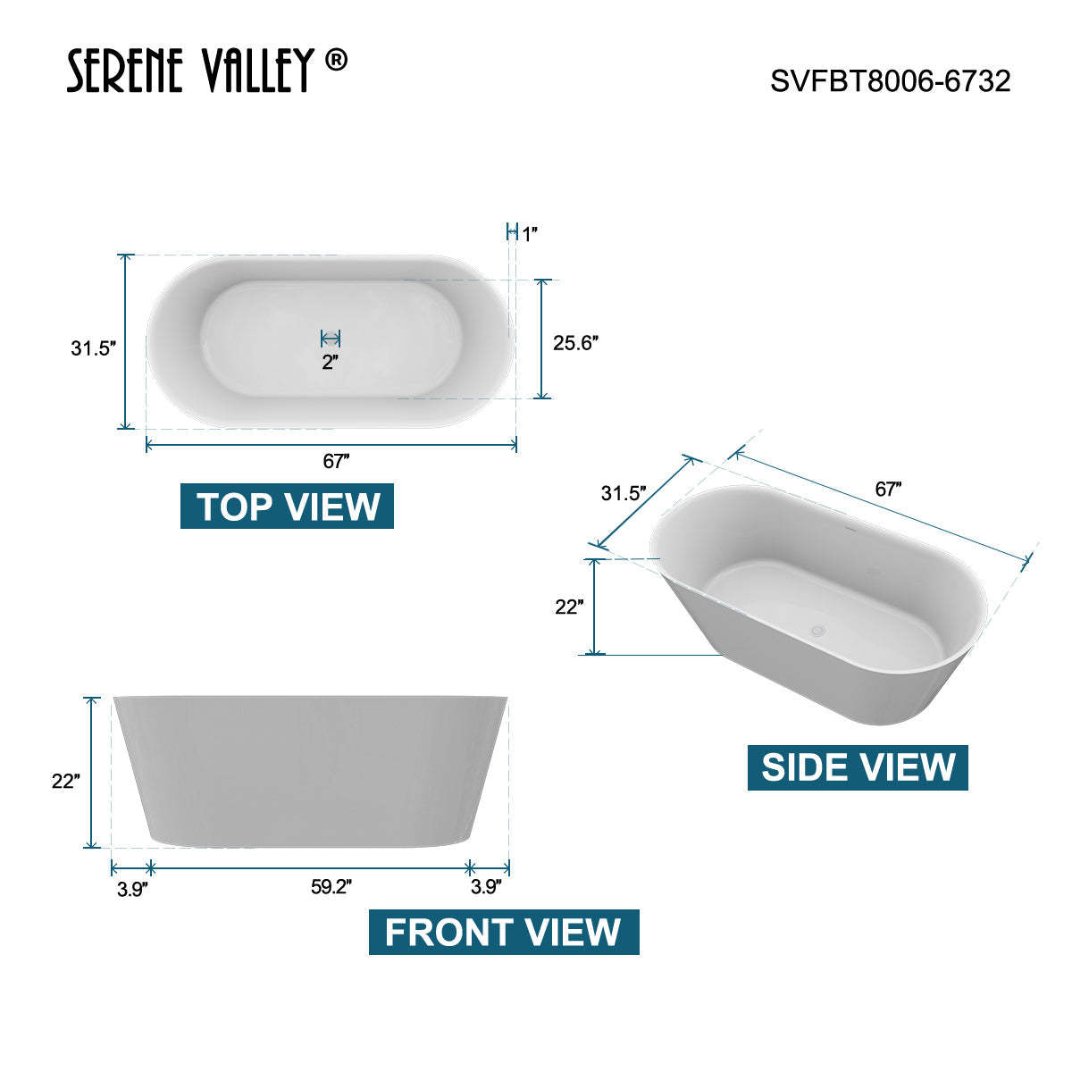 Serene Valley Freestanding Bathtub SVFBT8006-6732, Made of Pure Solid Surface Material with Drain, 67" L x 31.5" W Matte White, Hand Polished and Easy Maintenace-Serene Valley