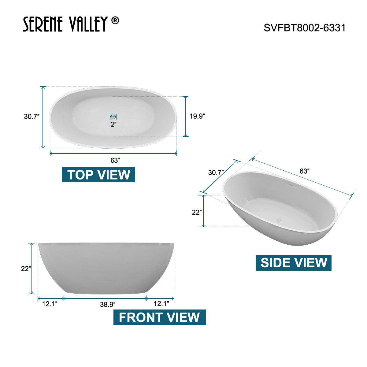Serene Valley Freestanding Bathtub SVFBT8002-6331, Made of Pure Solid Surface Material with Drain, 63" L x 30.7" W Matte White, Hand Polished and Easy Maintenace-Serene Valley