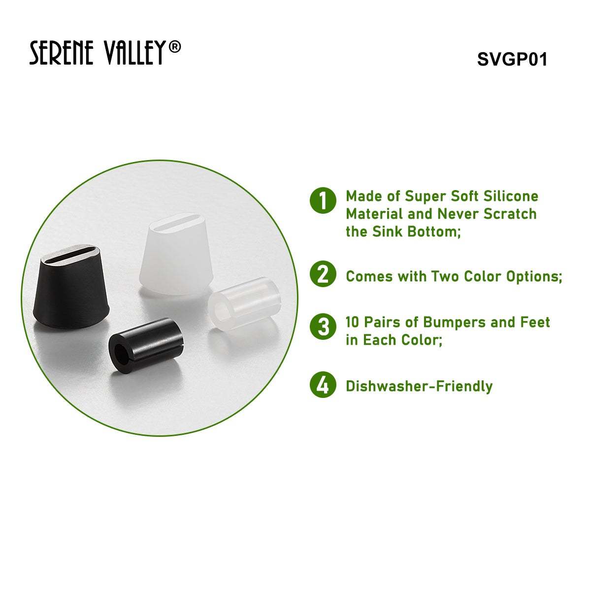 Serene Valley Replacement Feet and Bumpers for Stainless Steel Sink Grid SVGP01, Supersoft Silicone Material, Both Black and Clear Color Sets Included-Serene Valley