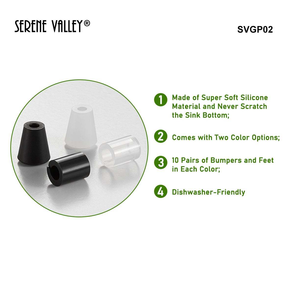 Serene Valley Replacement Feet and Bumpers for Stainless Steel Sink Grid SVGP02, Supersoft Silicone Material, Both Black and Clear Color Sets Included-Serene Valley
