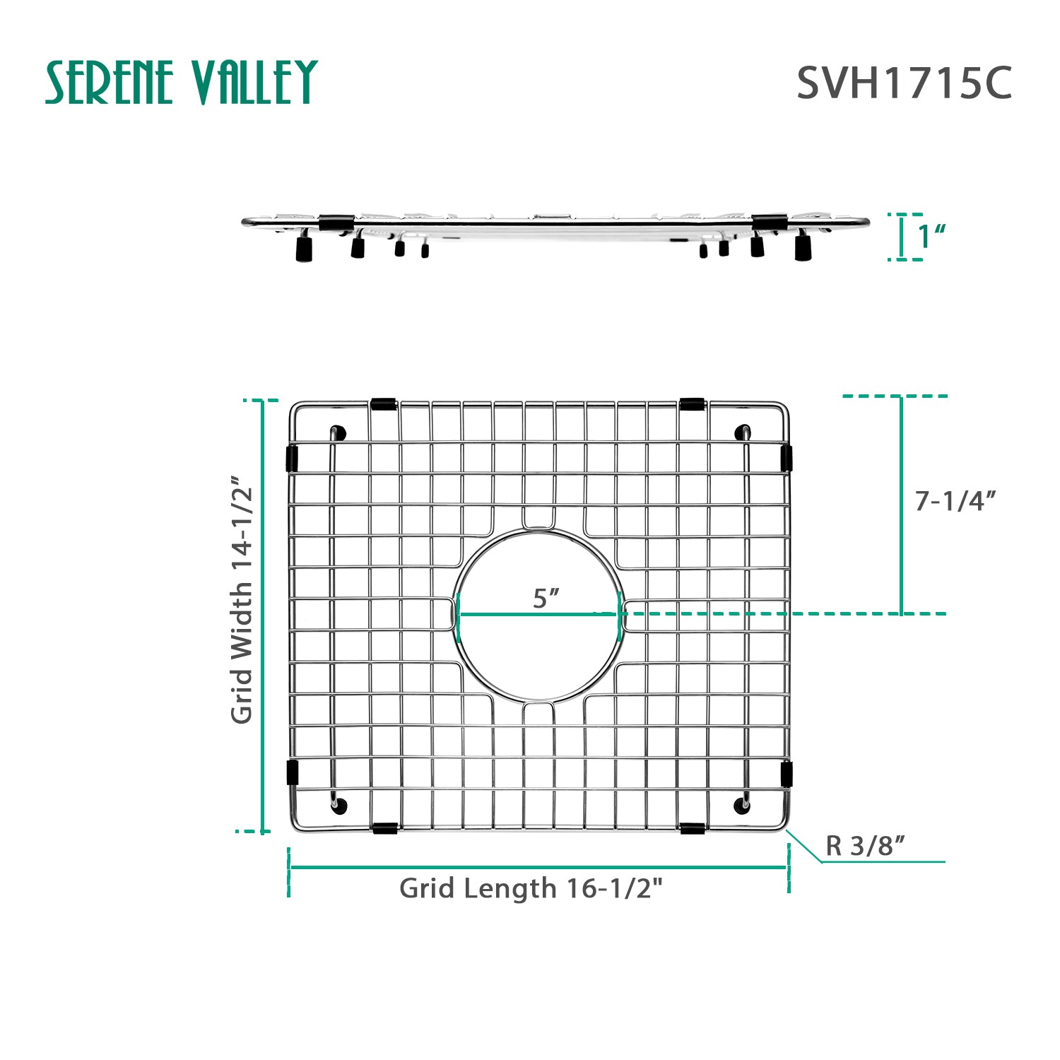 Serene Valley Sink Bottom Grid 16-1/2" X 14-1/2", Centered Drain with Corner Radius 3/8", Sink Protector SVH1715C-Serene Valley