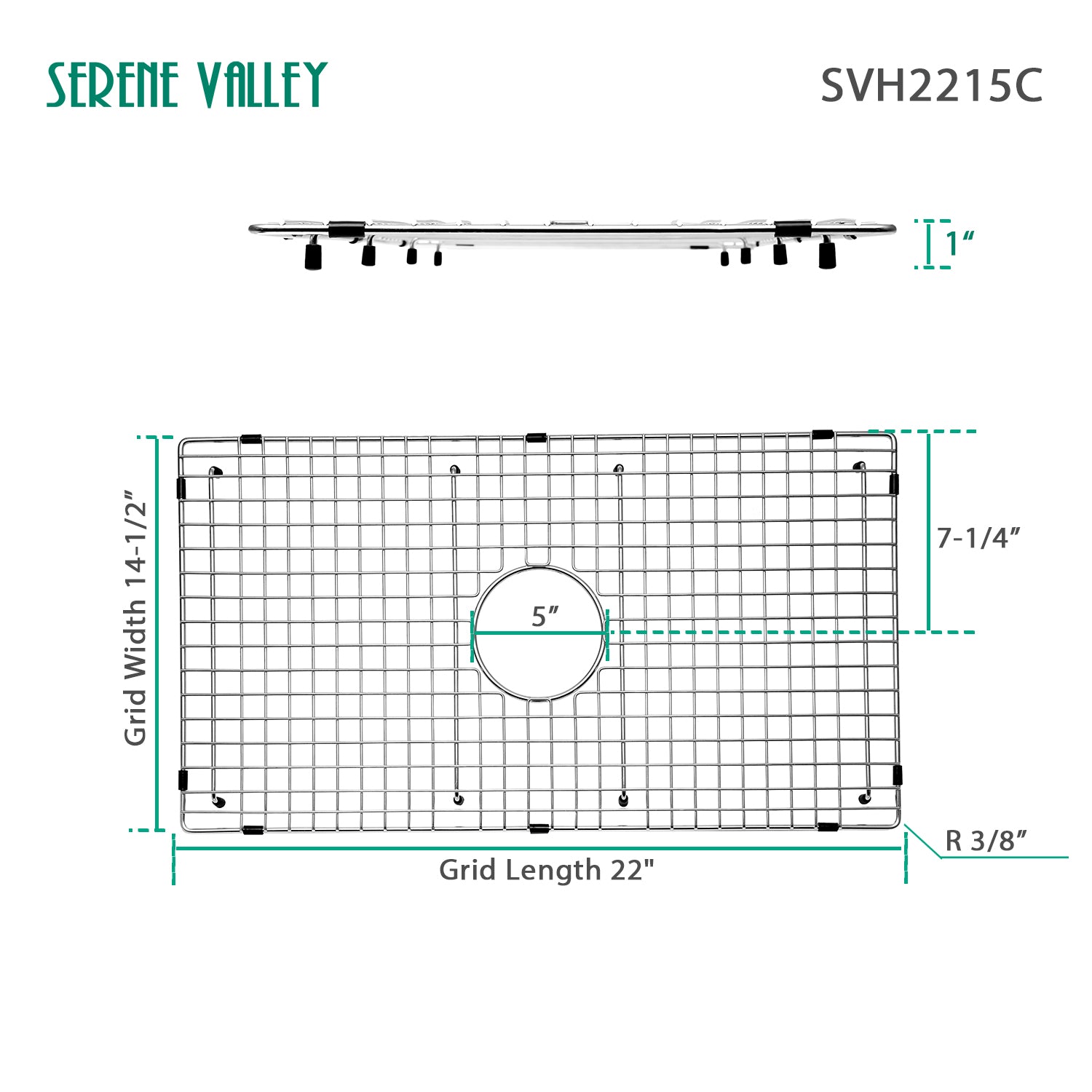 Serene Valley Sink Bottom Grid 22" X 14-1/2", Centered Drain with Corner Radius 3/8", Sink Protector SVH2215C-Serene Valley