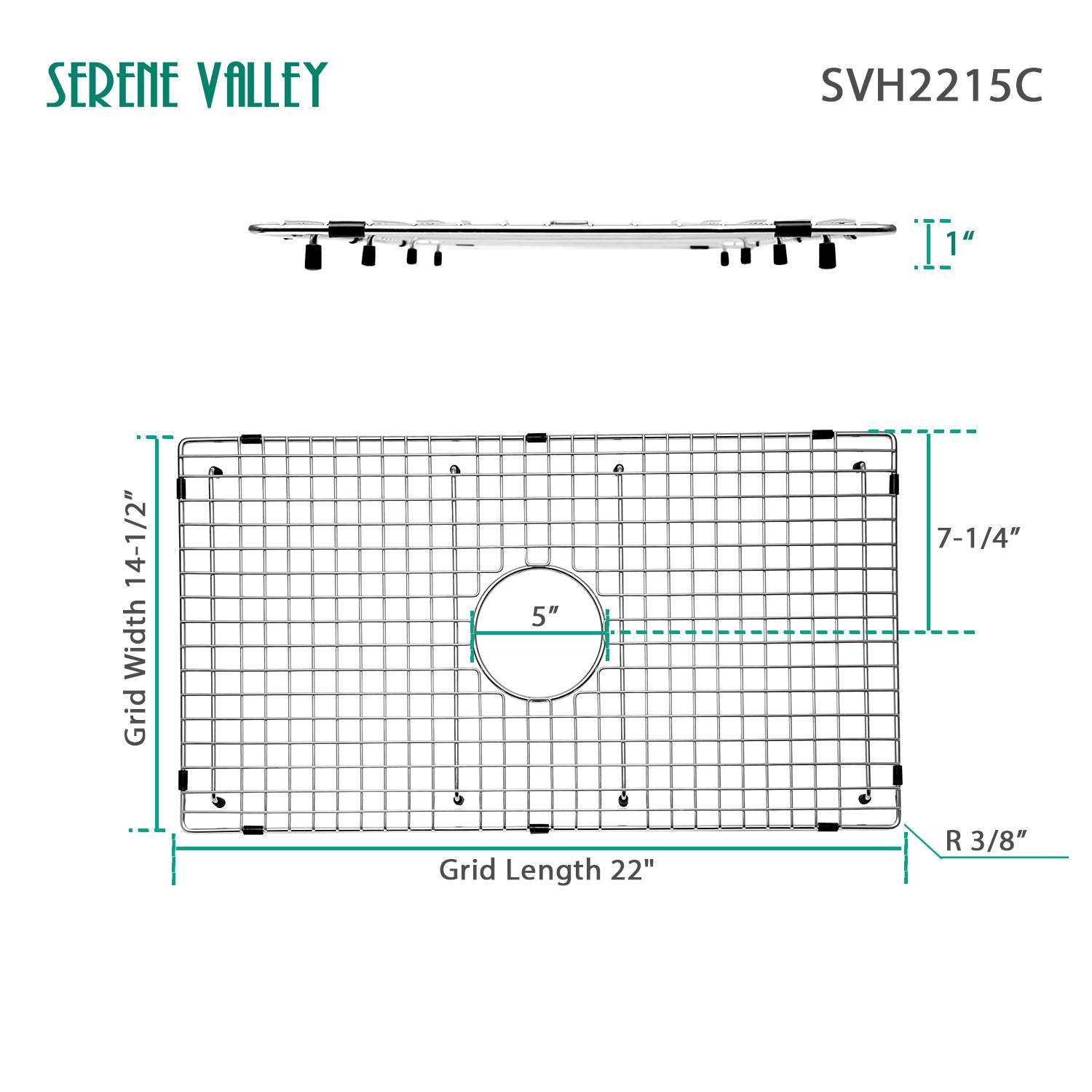 Serene Valley Sink Bottom Grid 22" X 14-1/2", Centered Drain with Corner Radius 3/8", Sink Protector SVH2215C-Serene Valley