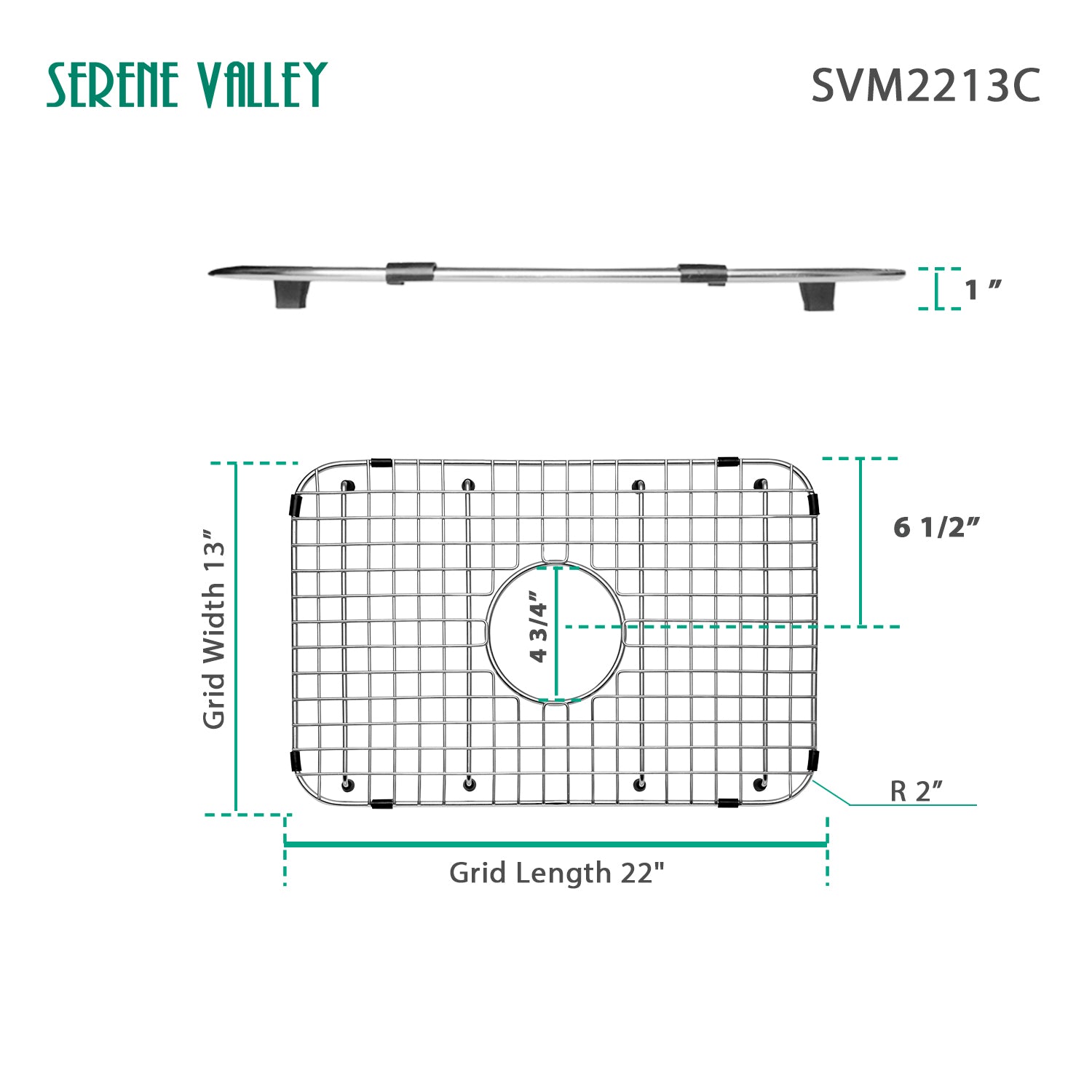 Serene Valley Sink Bottom Grid 22" X 13", Centered Drain with Corner Radius 2", SVM2213C-Serene Valley