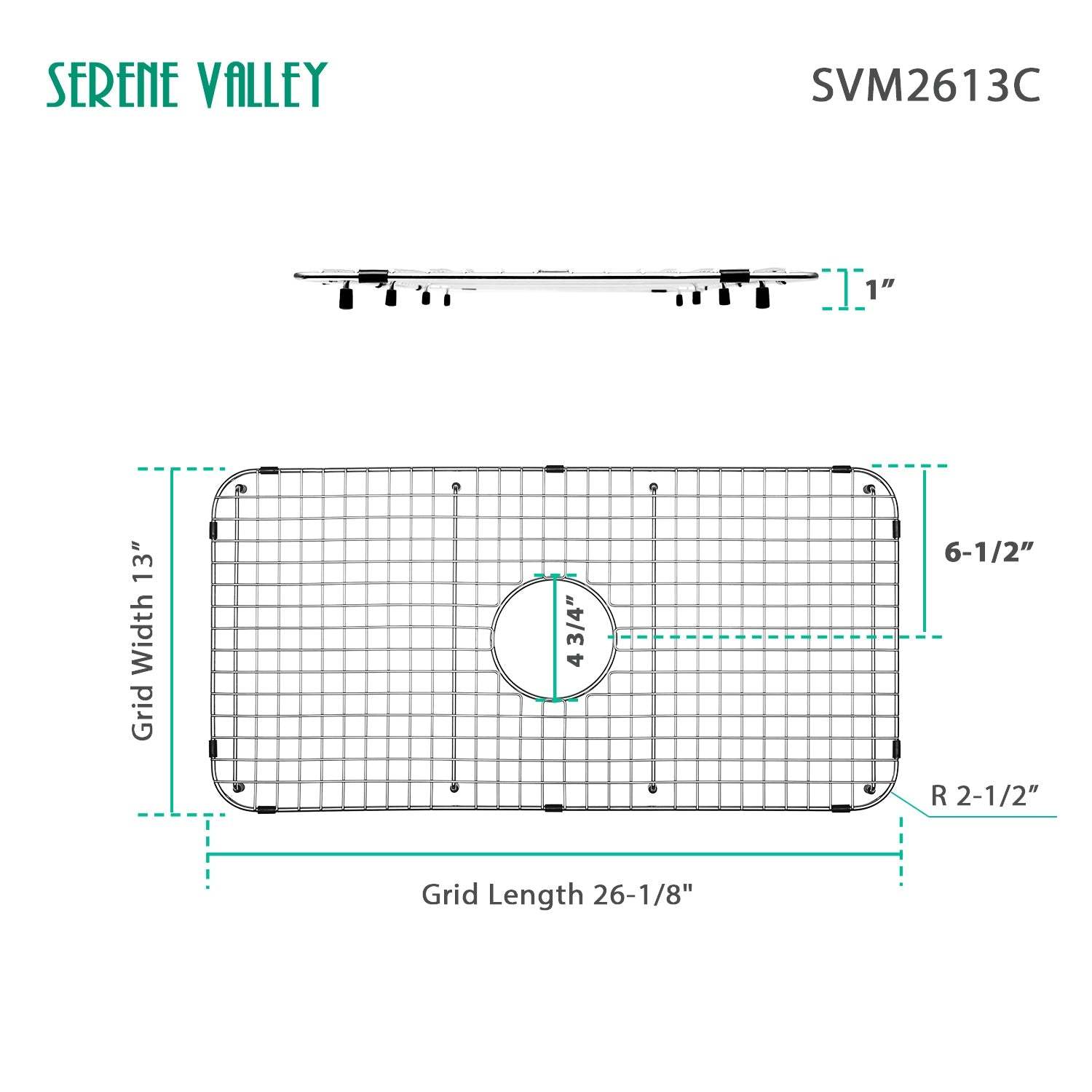 Serene Valley Sink Grid 26-1/8" X 13", Centered Drain with Corner Radius 2-1/2", SVM2613C-Serene Valley