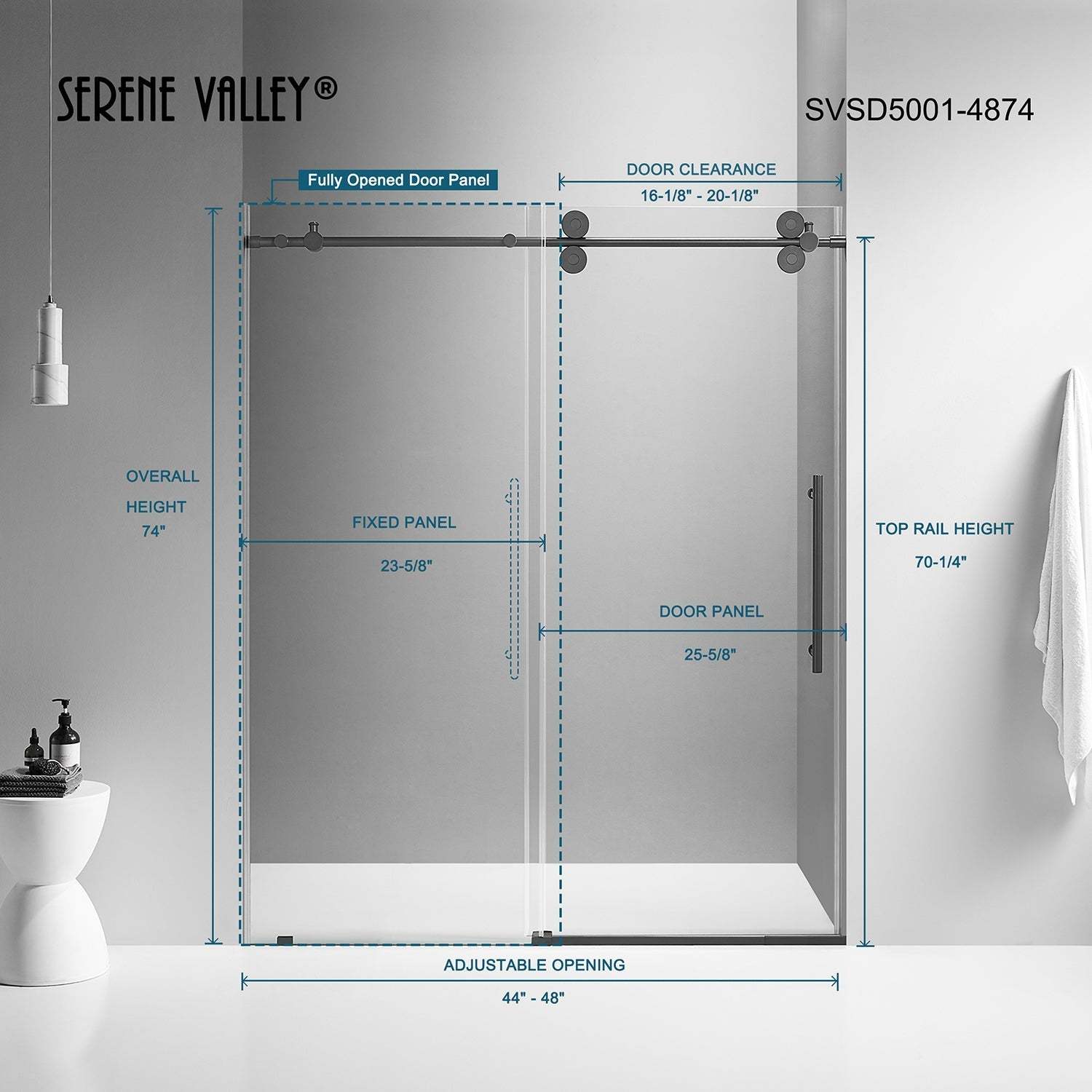 Serene Valley SVSD5001-4874MB Big Roller Frameless Sliding Shower Door - Superclear 3/8" Tempered Glass - 304 Stainless Steel Hardware in Matte Black 44"- 48"W x 74"H-Serene Valley