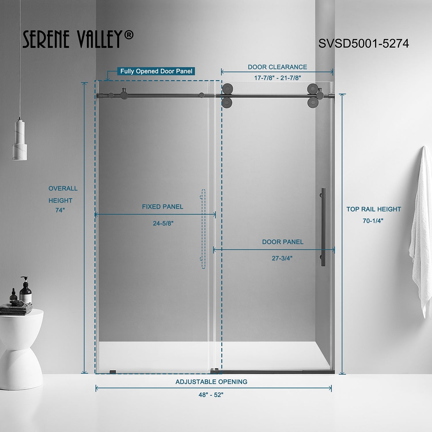 Serene Valley SVSD5001-5274MB Big Roller Frameless Sliding Shower Door - Superclear 3/8" Tempered Glass - 304 Stainless Steel Hardware in Matte Black 48"- 52"W x 74"H-Serene Valley