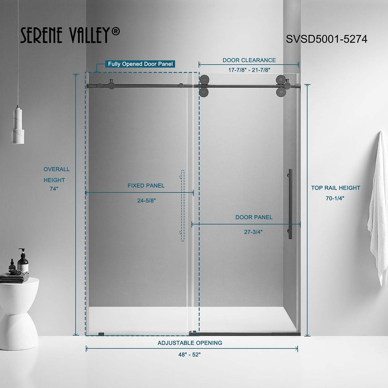 Serene Valley SVSD5001-5274MB Big Roller Frameless Sliding Shower Door - Superclear 3/8" Tempered Glass - 304 Stainless Steel Hardware in Matte Black 48"- 52"W x 74"H-Serene Valley