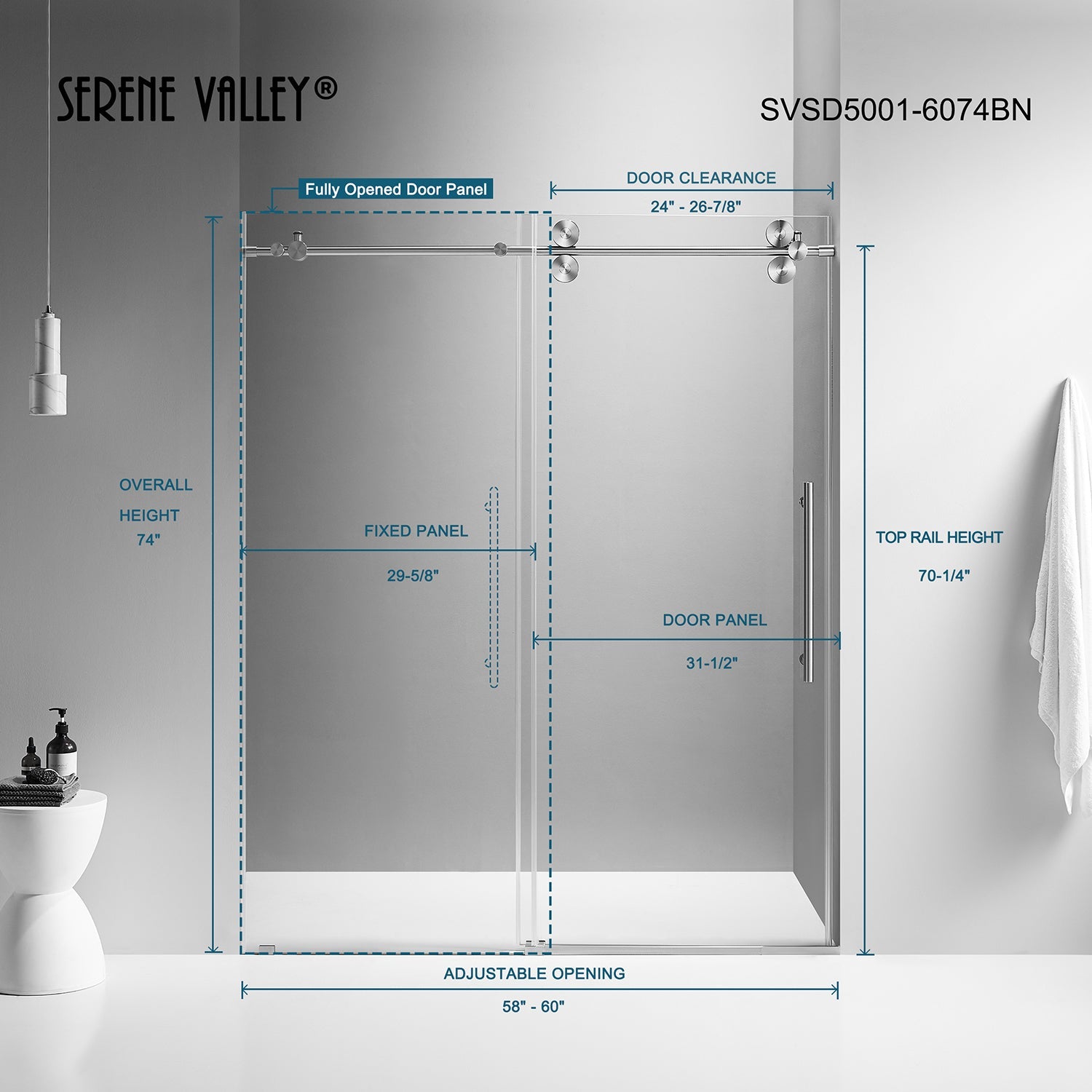 Serene Valley SVSD5001-6074BN Big Roller Frameless Sliding Shower Door - Superclear 3/8" Tempered Glass - 304 Stainless Steel Hardware in Brushed Nickel 56"- 60"W x 74"H-Serene Valley
