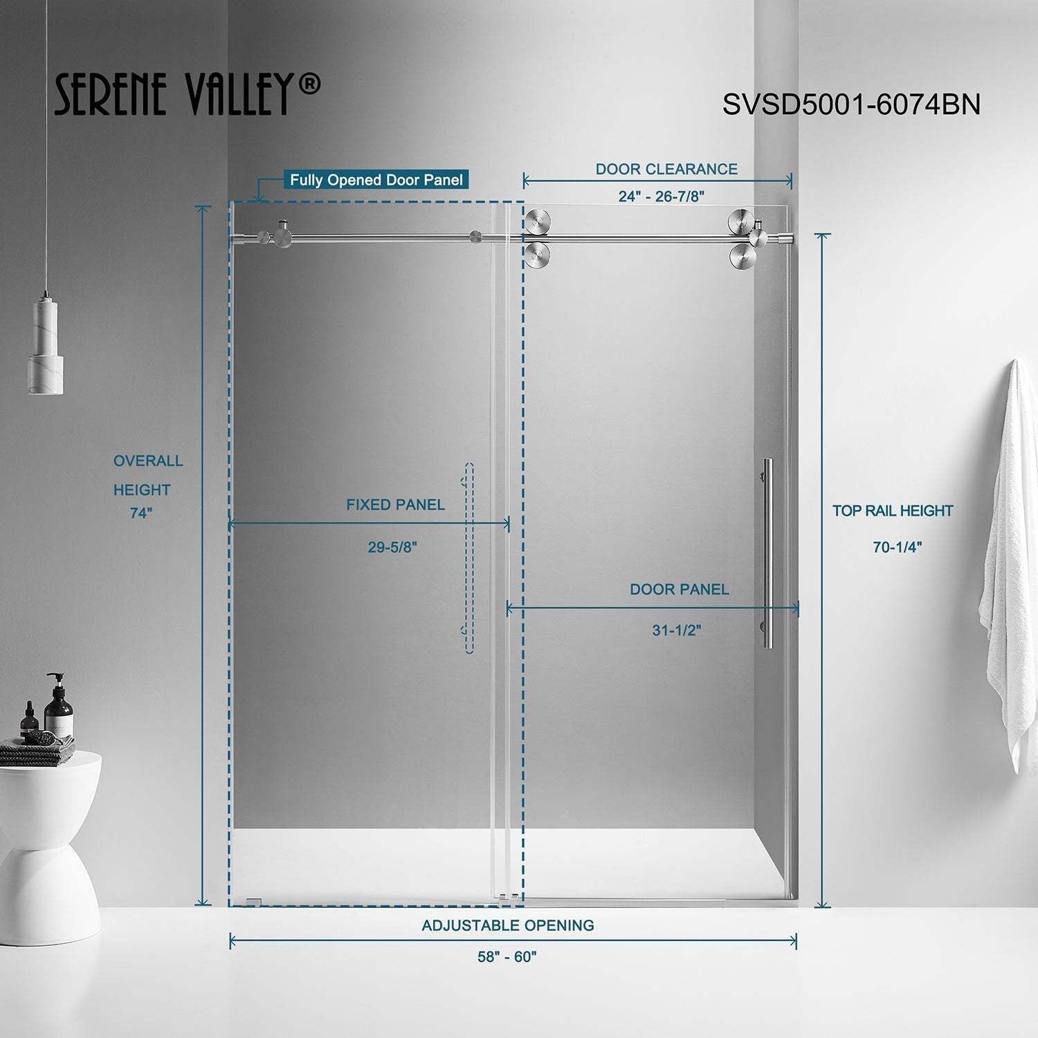 Serene Valley SVSD5001-6074BN Big Roller Frameless Sliding Shower Door - Superclear 3/8" Tempered Glass - 304 Stainless Steel Hardware in Brushed Nickel 56"- 60"W x 74"H-Serene Valley