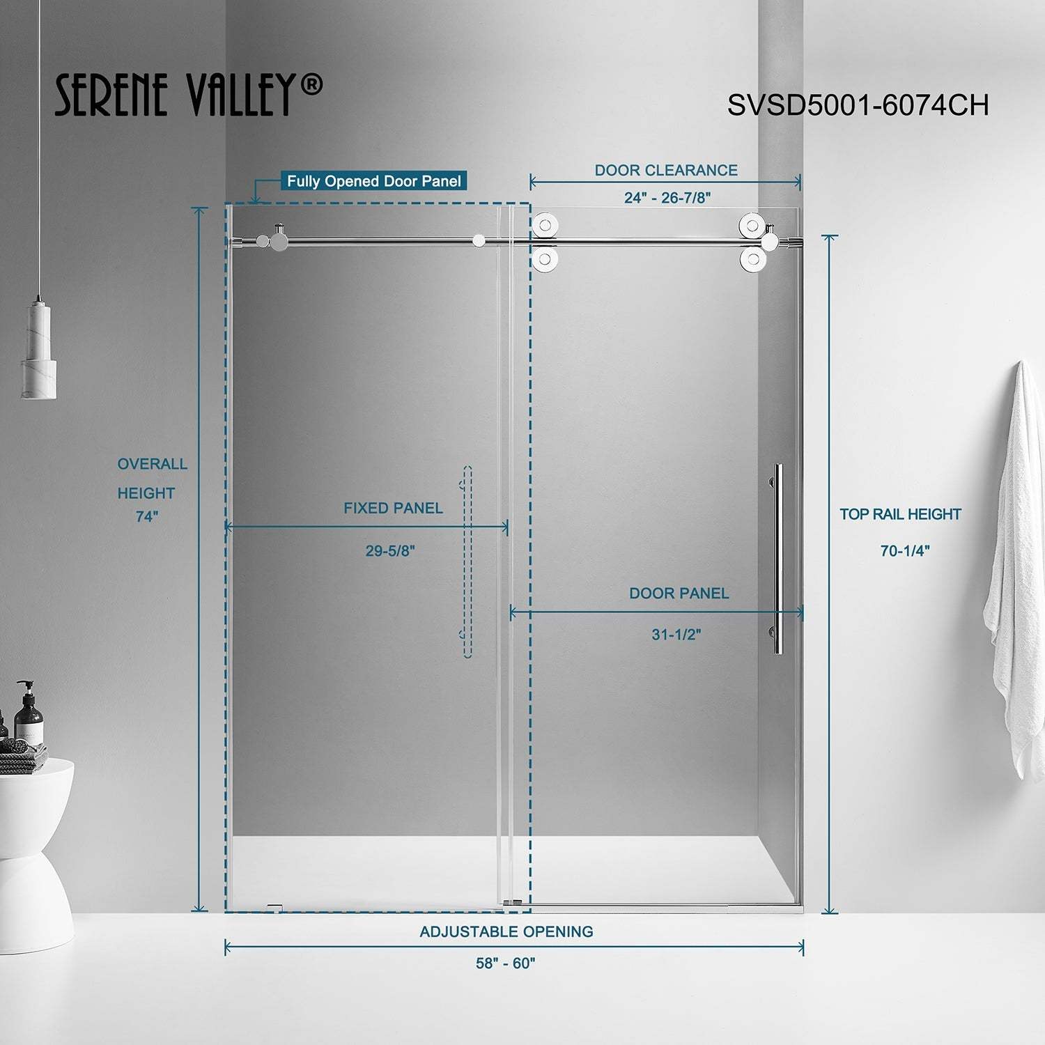 Serene Valley SVSD5001-6074CH Big Roller Frameless Sliding Shower Door - Superclear 3/8" Tempered Glass - 304 Stainless Steel Hardware in Chrome 56"- 60"W x 74"H-Serene Valley