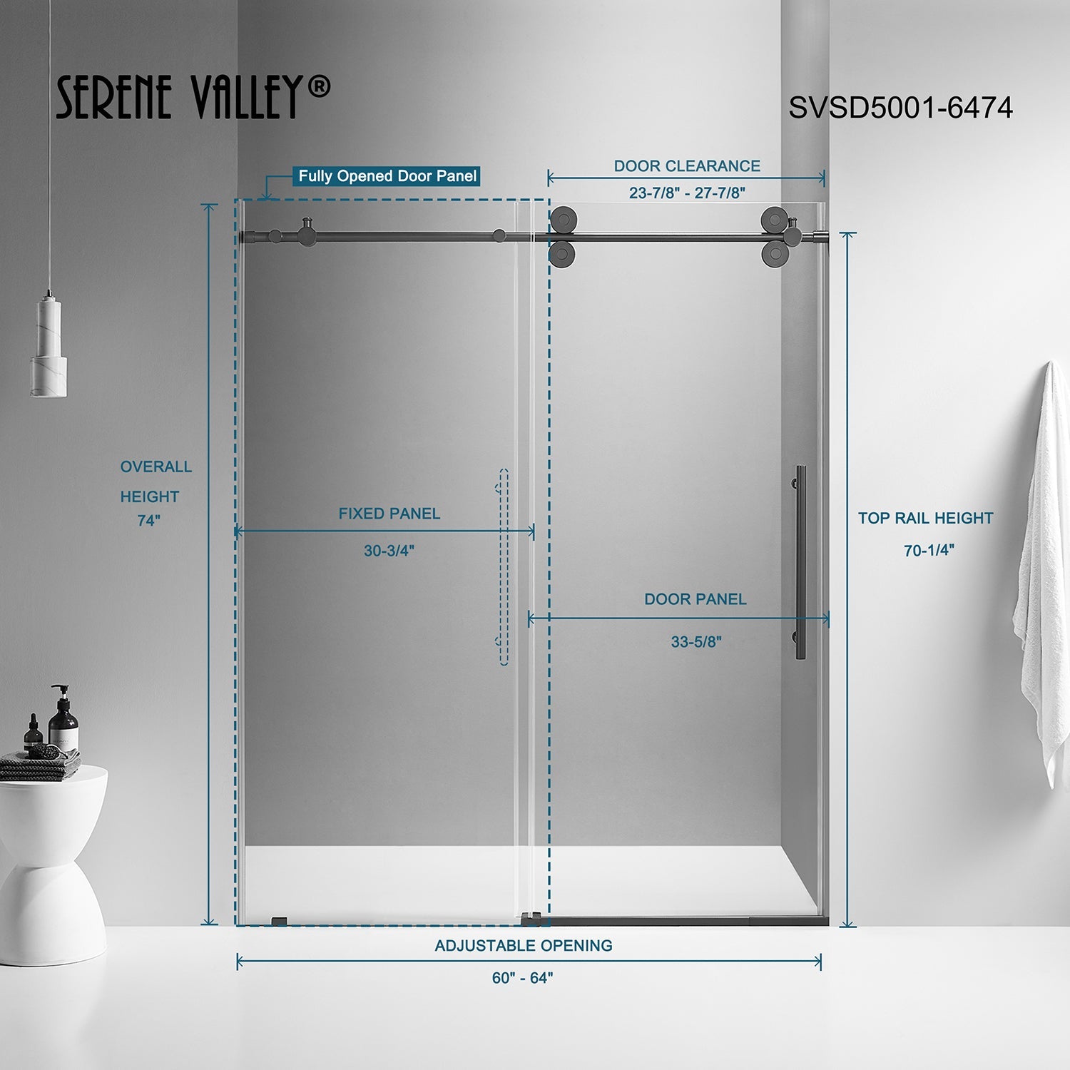 Serene Valley SVSD5001-6474MB Big Roller Frameless Sliding Shower Door - Superclear 3/8" Tempered Glass - 304 Stainless Steel Hardware in Matte Black 60"- 64"W x 74"H-Serene Valley