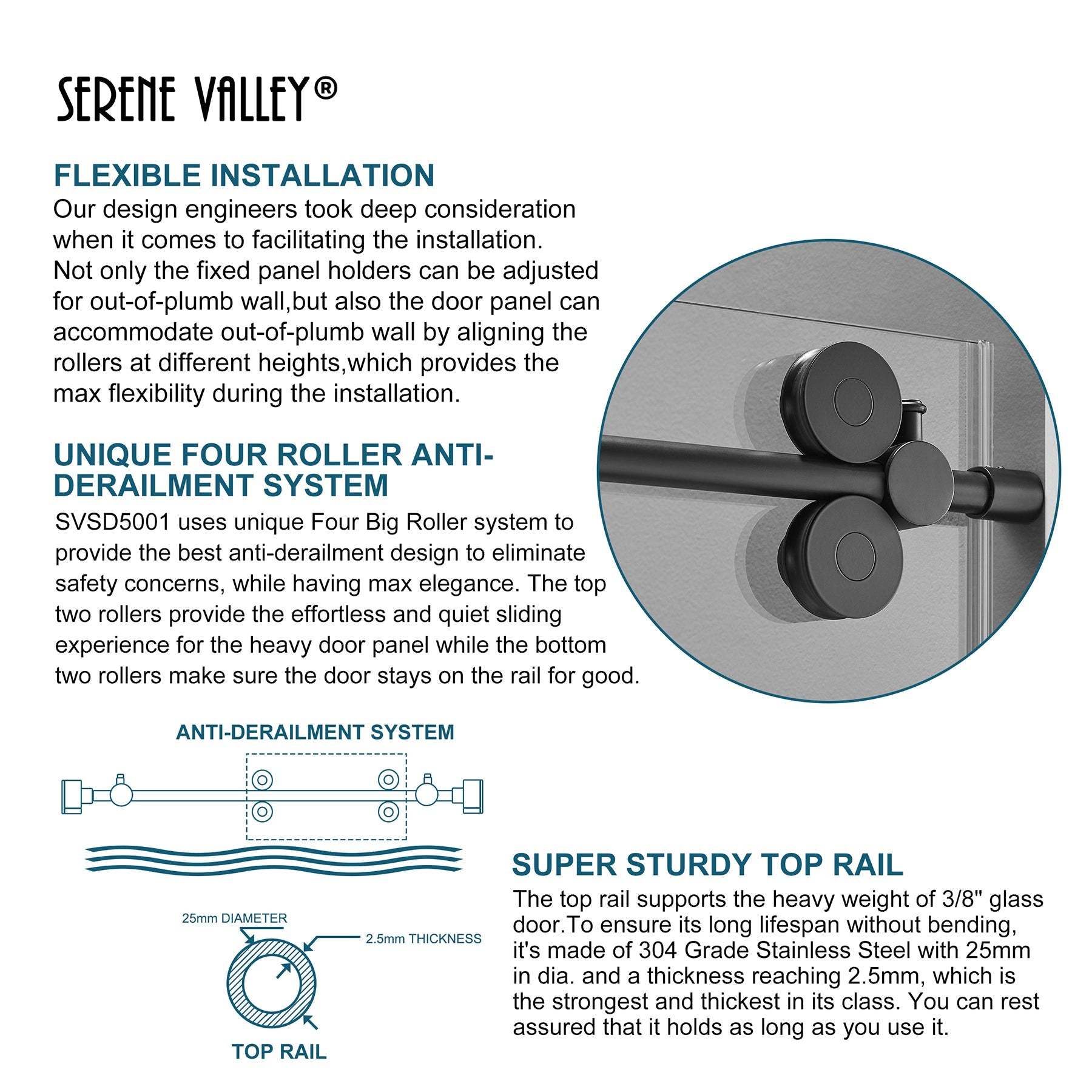 Serene Valley SVSD5001-4874MB Big Roller Frameless Sliding Shower Door - Superclear 3/8" Tempered Glass - 304 Stainless Steel Hardware in Matte Black 44"- 48"W x 74"H-Serene Valley