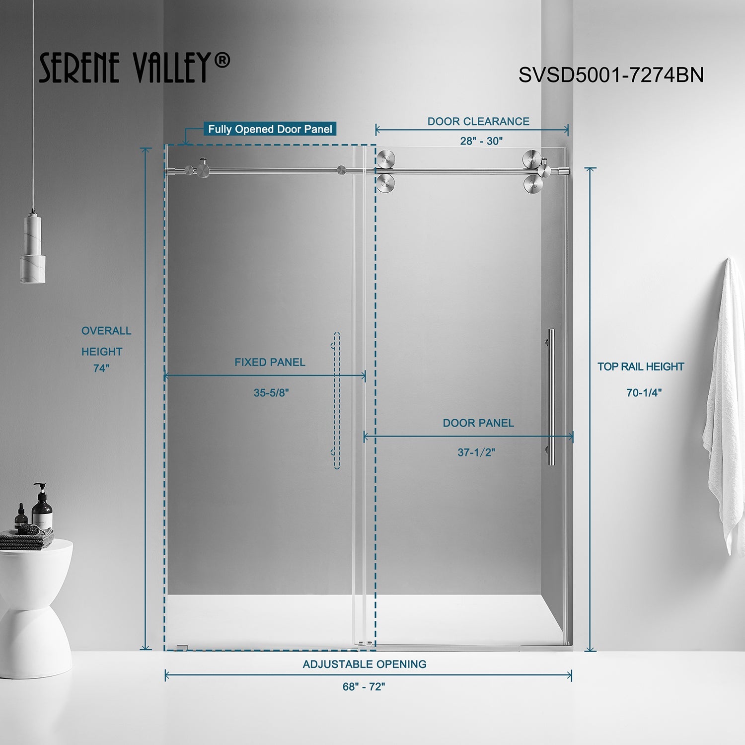 Serene Valley SVSD5001-7274BN Big Roller Frameless Sliding Shower Door - Superclear 3/8" Tempered Glass - 304 Stainless Steel Hardware in Brushed Nickel 68"- 72"W x 74"H-Serene Valley
