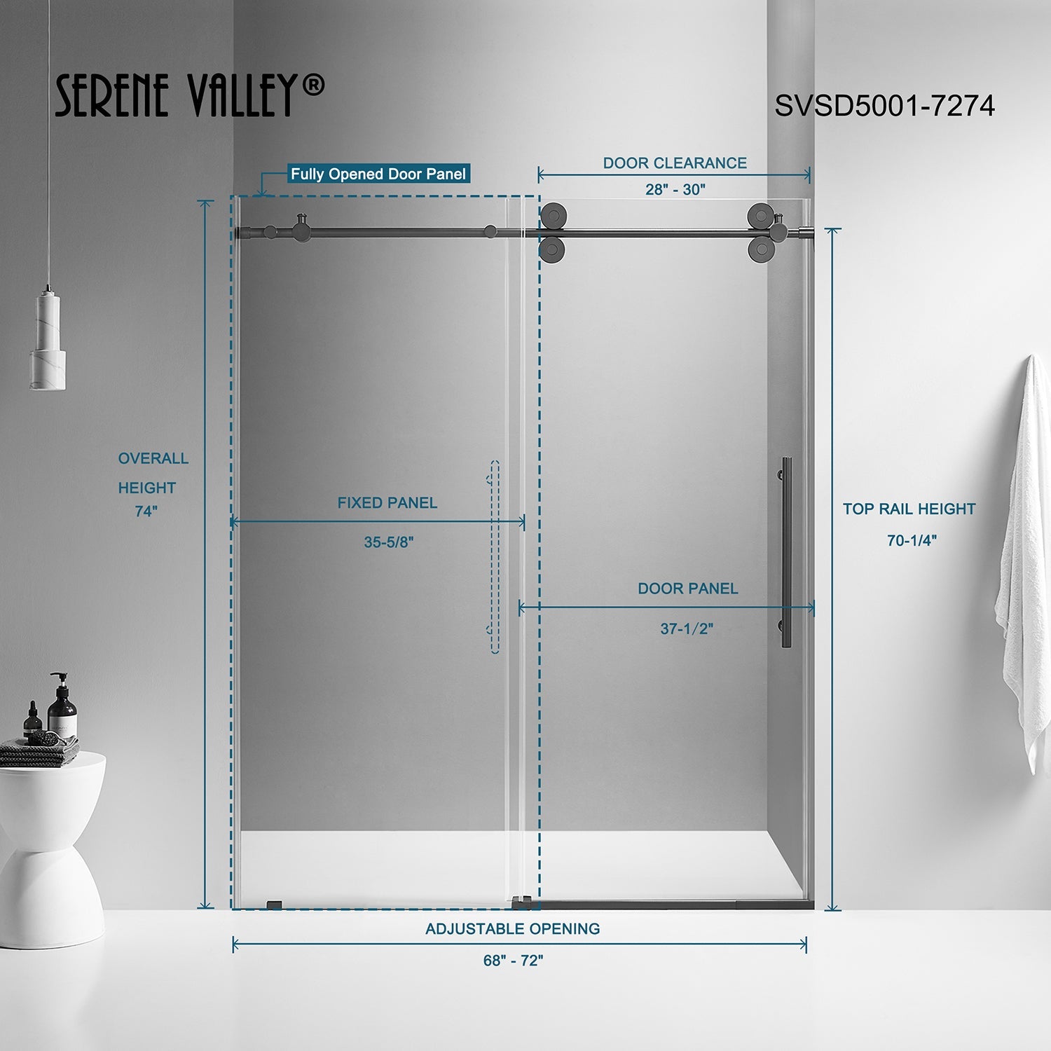 Serene Valley SVSD5001-7274MB Big Roller Frameless Sliding Shower Door - Superclear 3/8" Tempered Glass - 304 Stainless Steel Hardware in Matte Black 68"- 72"W x 74"H-Serene Valley