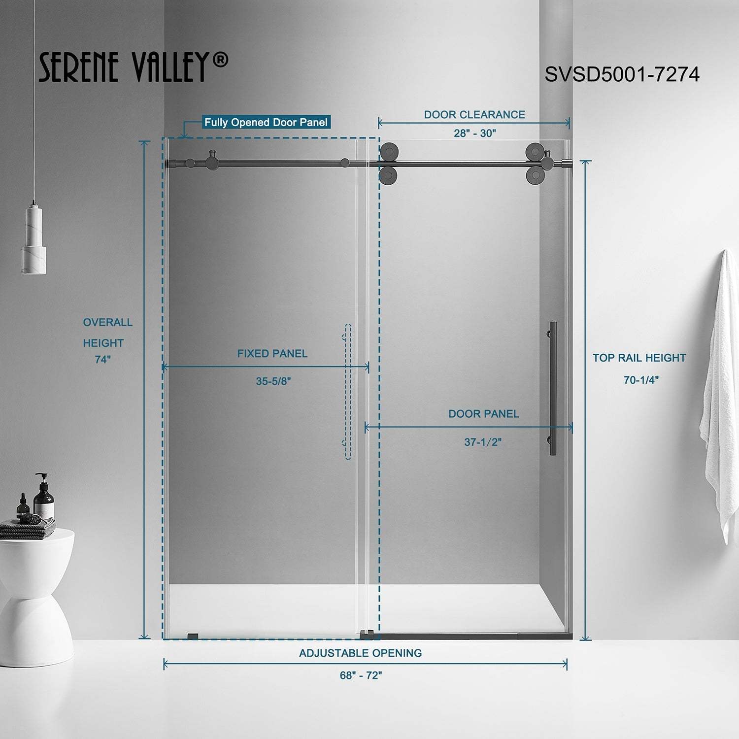 Serene Valley SVSD5001-7274MB Big Roller Frameless Sliding Shower Door - Superclear 3/8" Tempered Glass - 304 Stainless Steel Hardware in Matte Black 68"- 72"W x 74"H-Serene Valley