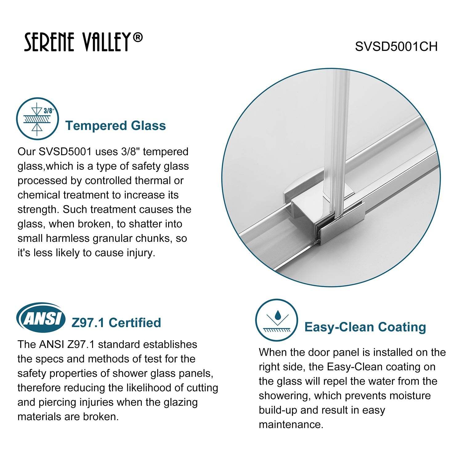 Serene Valley SVSD5001-7274CH Big Roller Frameless Sliding Shower Door - Superclear 3/8" Tempered Glass - 304 Stainless Steel Hardware in Chrome 68"- 72"W x 74"H-Serene Valley