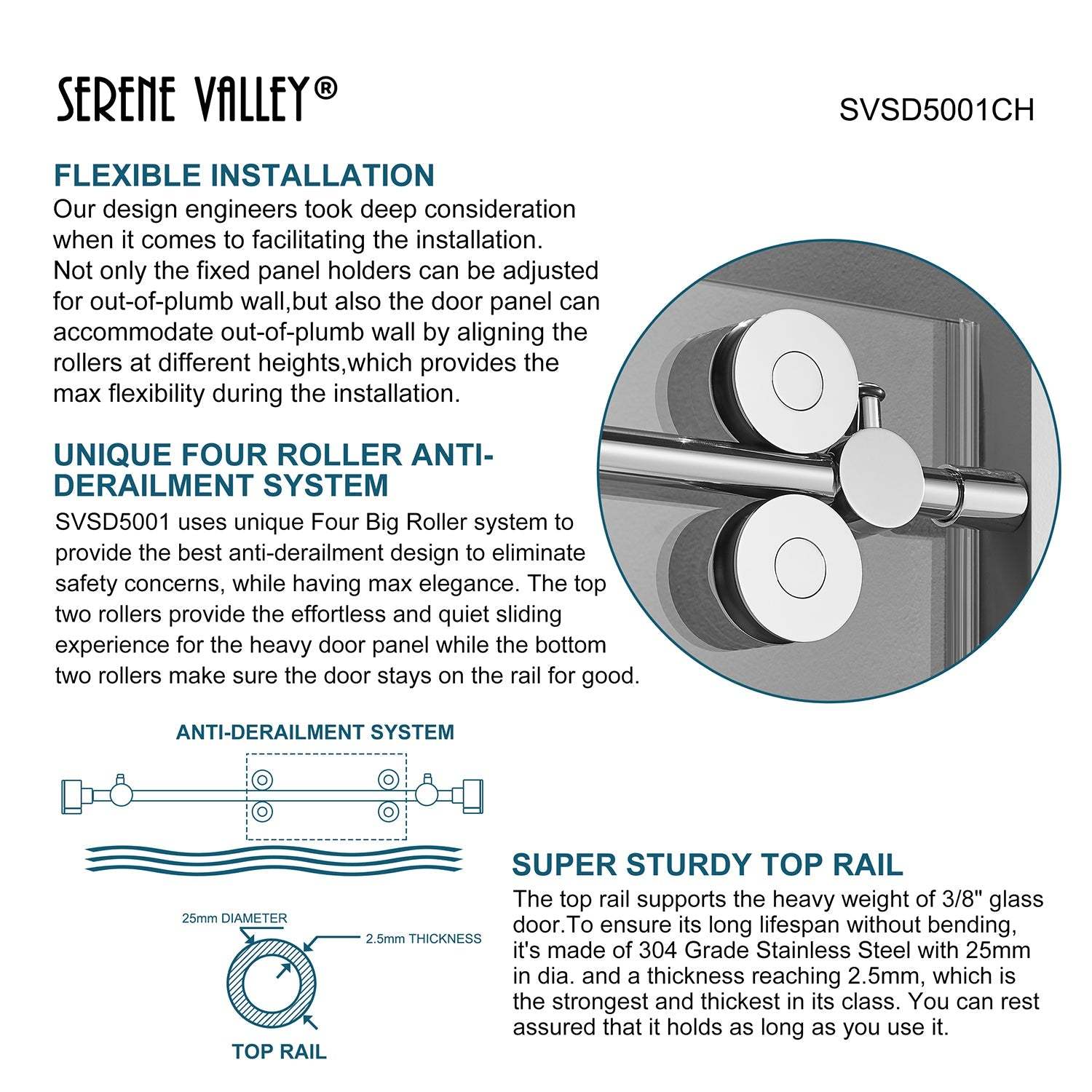 Serene Valley SVSD5001-7274CH Big Roller Frameless Sliding Shower Door - Superclear 3/8" Tempered Glass - 304 Stainless Steel Hardware in Chrome 68"- 72"W x 74"H-Serene Valley
