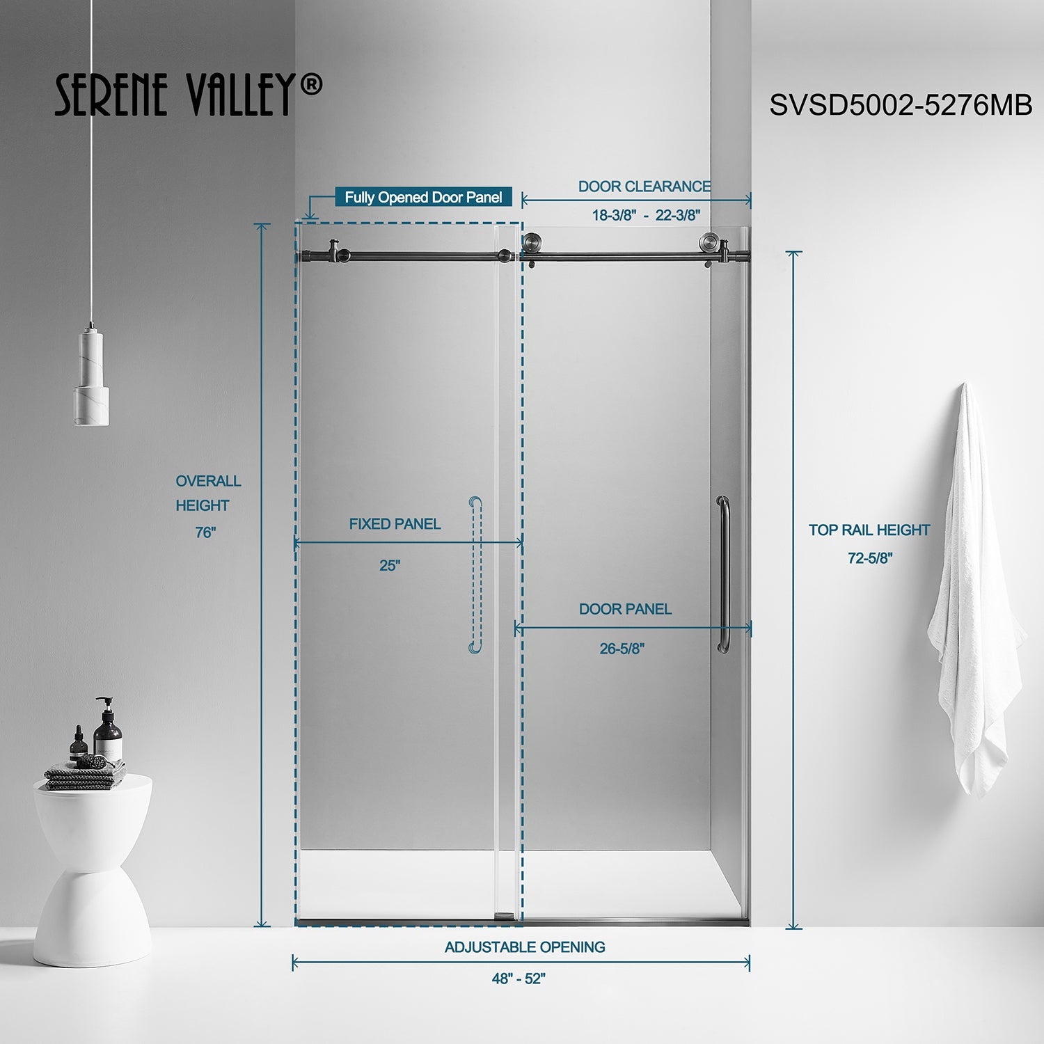 Serene Valley SVSD5002-5276MB Big Roller Frameless Sliding Shower Door - Superclear 3/8" Tempered Glass - 304 Stainless Steel Hardware in Matte Black 48"- 52"W x 76"H-Serene Valley