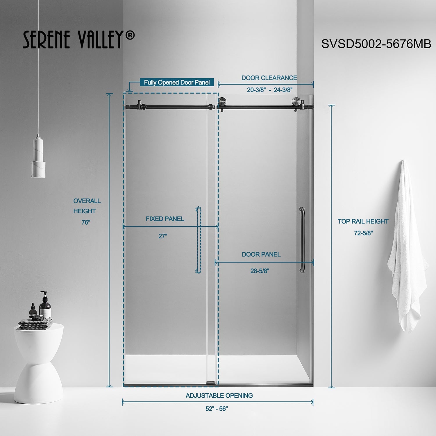 Serene Valley SVSD5002-5676MB Big Roller Frameless Sliding Shower Door - Superclear 3/8" Tempered Glass - 304 Stainless Steel Hardware in Matte Black 52"- 56"W x 76"H-Serene Valley