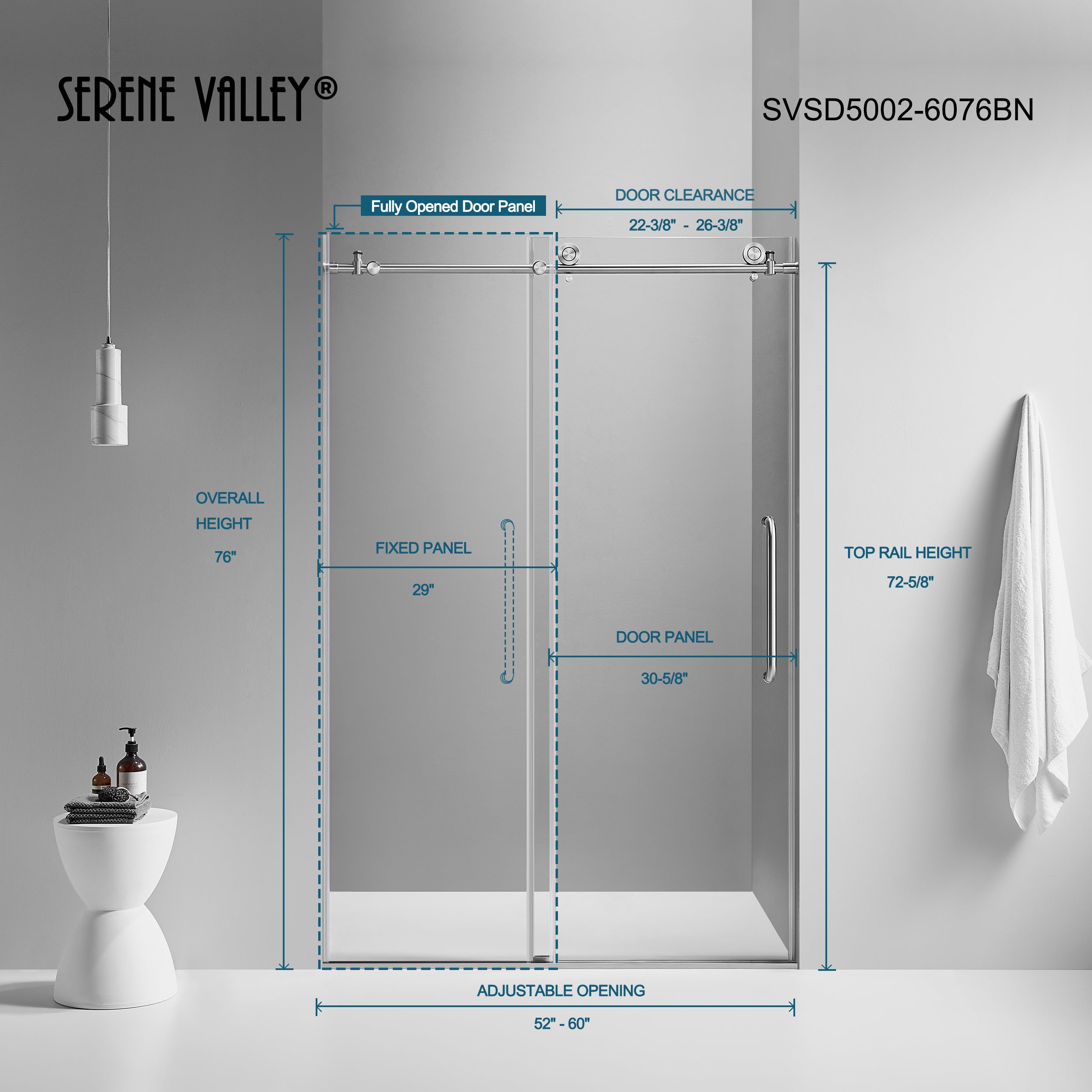 Serene Valley SVSD5002-6076BN Big Roller Frameless Sliding Shower Door - Superclear 3/8" Tempered Glass - 304 Stainless Steel Hardware in Brushed Nickel 56"- 60"W x 76"H-Serene Valley
