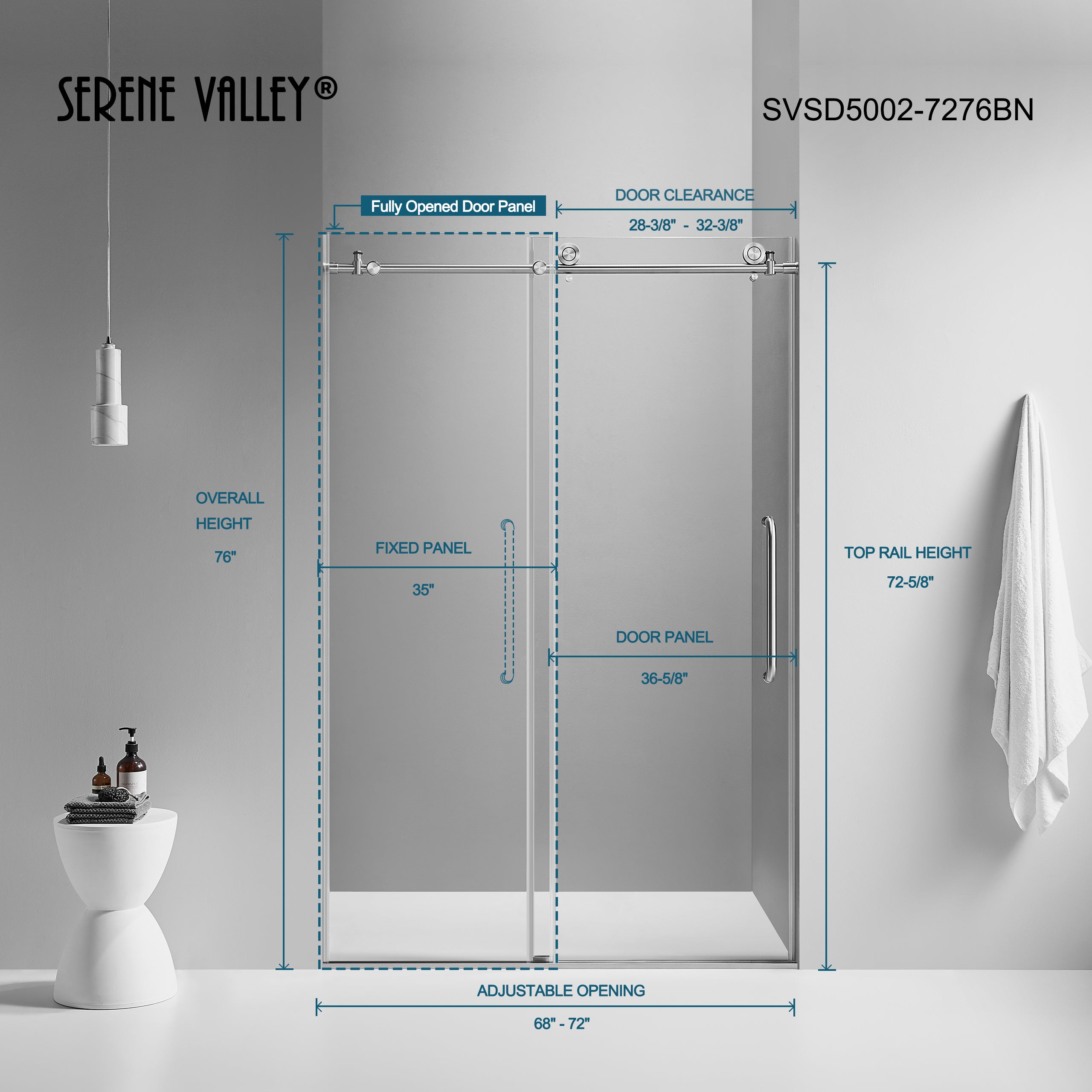 Serene Valley SVSD5002-7276BN Big Roller Frameless Sliding Shower Door - Superclear 3/8" Tempered Glass - 304 Stainless Steel Hardware in Brushed Nickel 68"- 72"W x 76"H-Serene Valley