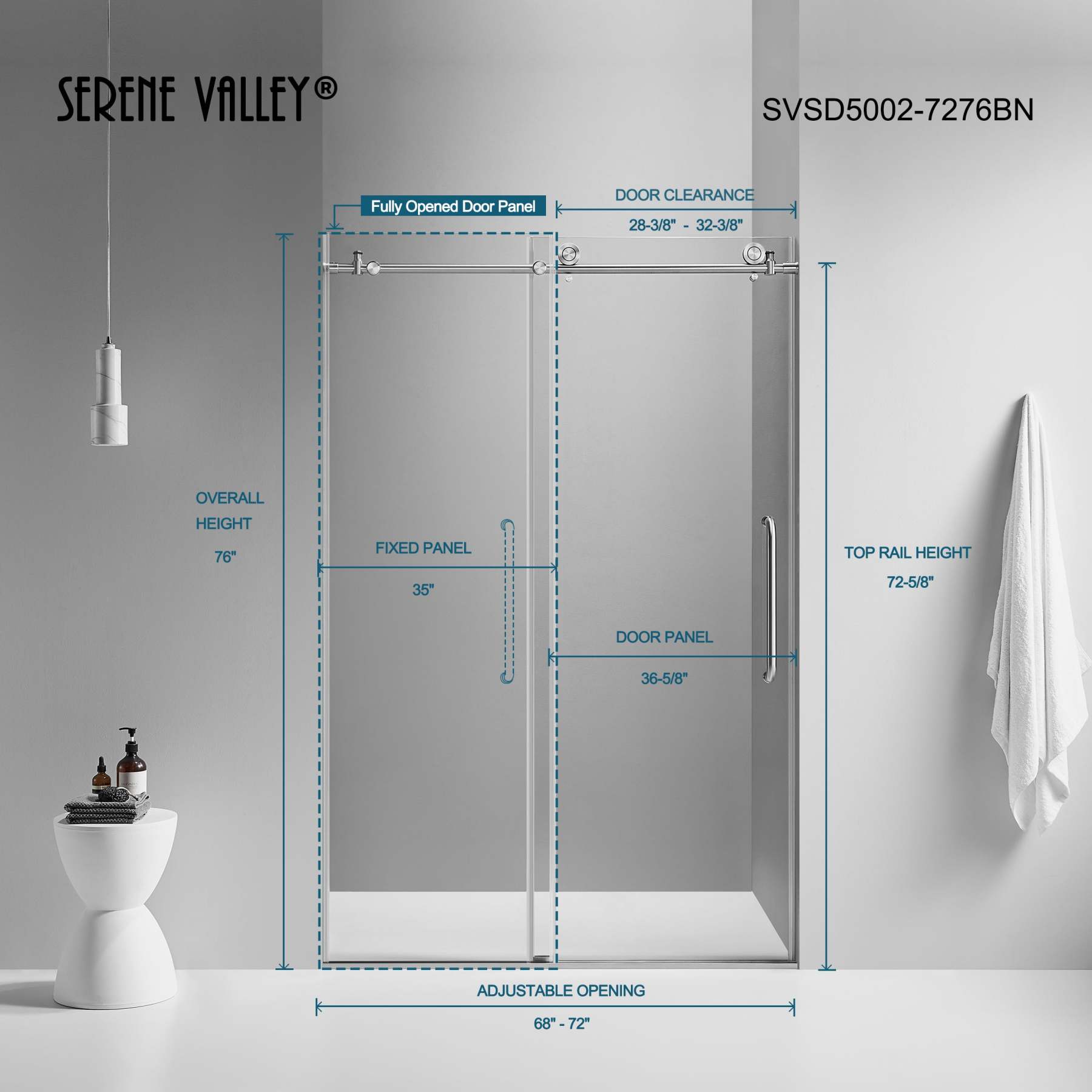 Serene Valley SVSD5002-7276BN Big Roller Frameless Sliding Shower Door - Superclear 3/8" Tempered Glass - 304 Stainless Steel Hardware in Brushed Nickel 68"- 72"W x 76"H-Serene Valley