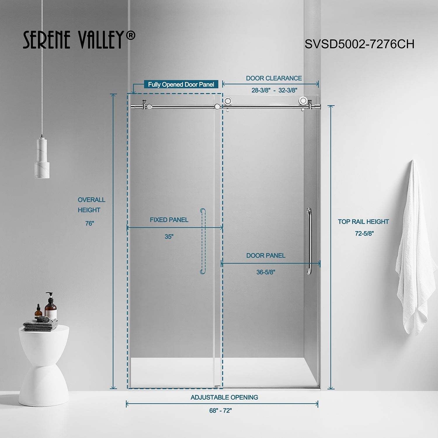Serene Valley SVSD5002-7276CH Big Roller Frameless Sliding Shower Door - Superclear 3/8" Tempered Glass - 304 Stainless Steel Hardware in Chrome 68"- 72"W x 76"H-Serene Valley