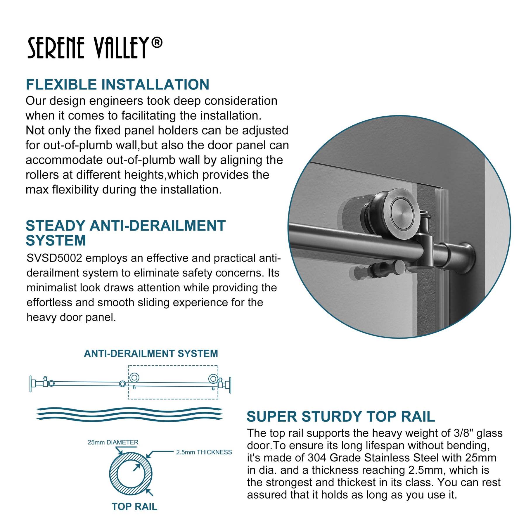 Serene Valley SVSD5002-6076CH Big Roller Frameless Sliding Shower Door - Superclear 3/8" Tempered Glass - 304 Stainless Steel Hardware in Chrome 56"- 60"W x 76"H-Serene Valley