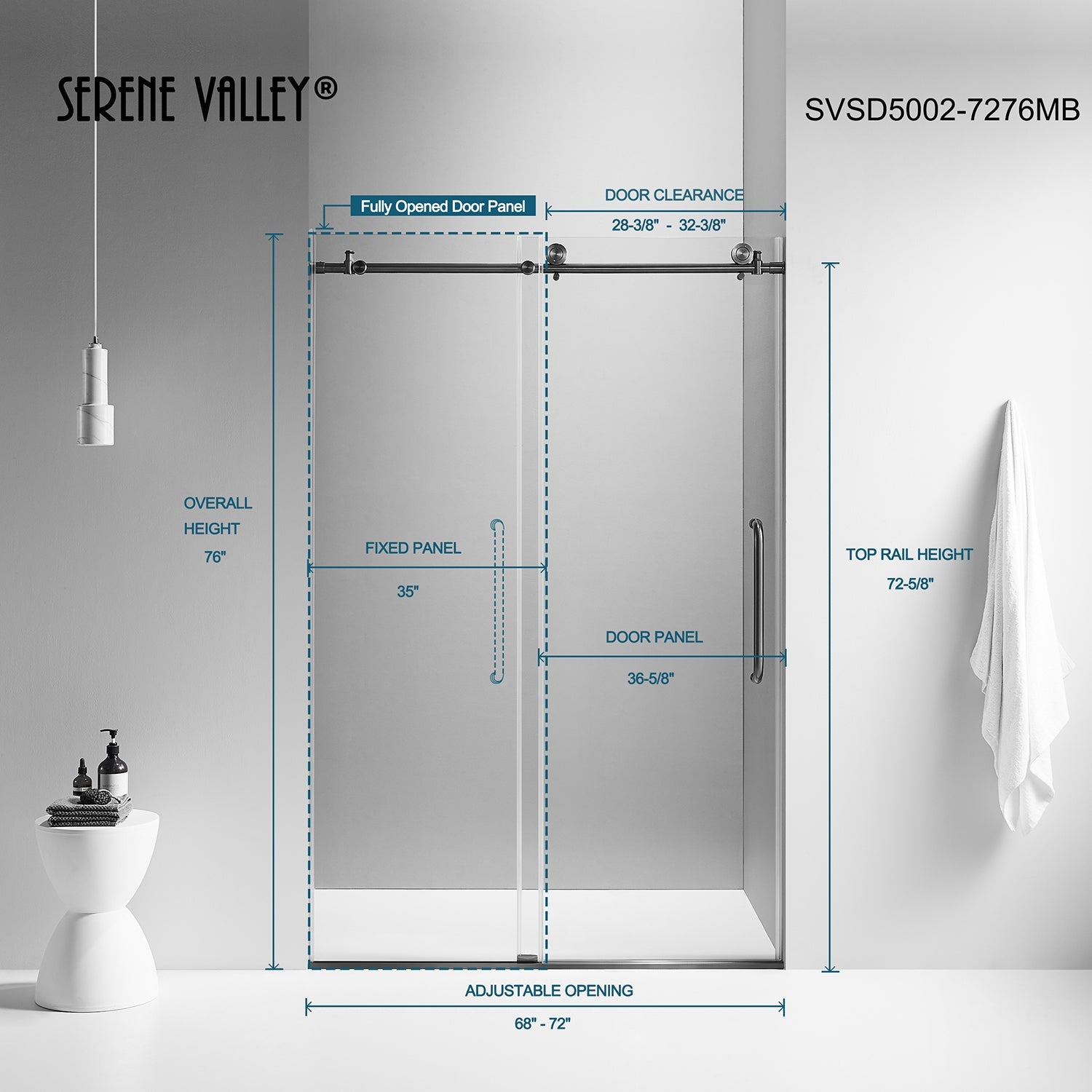 Serene Valley SVSD5002-7276MB Big Roller Frameless Sliding Shower Door - Superclear 3/8" Tempered Glass - 304 Stainless Steel Hardware in Matte Black 68"- 72"W x 76"H-Serene Valley